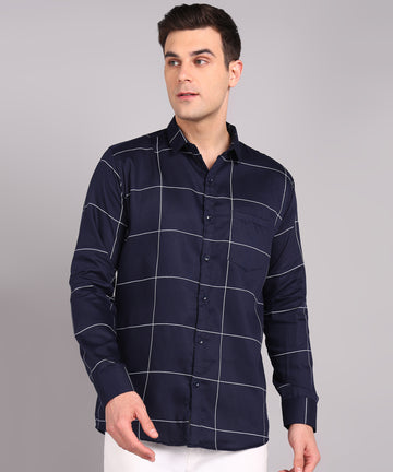 Navy Blue Windowpane Check Casual Shirt