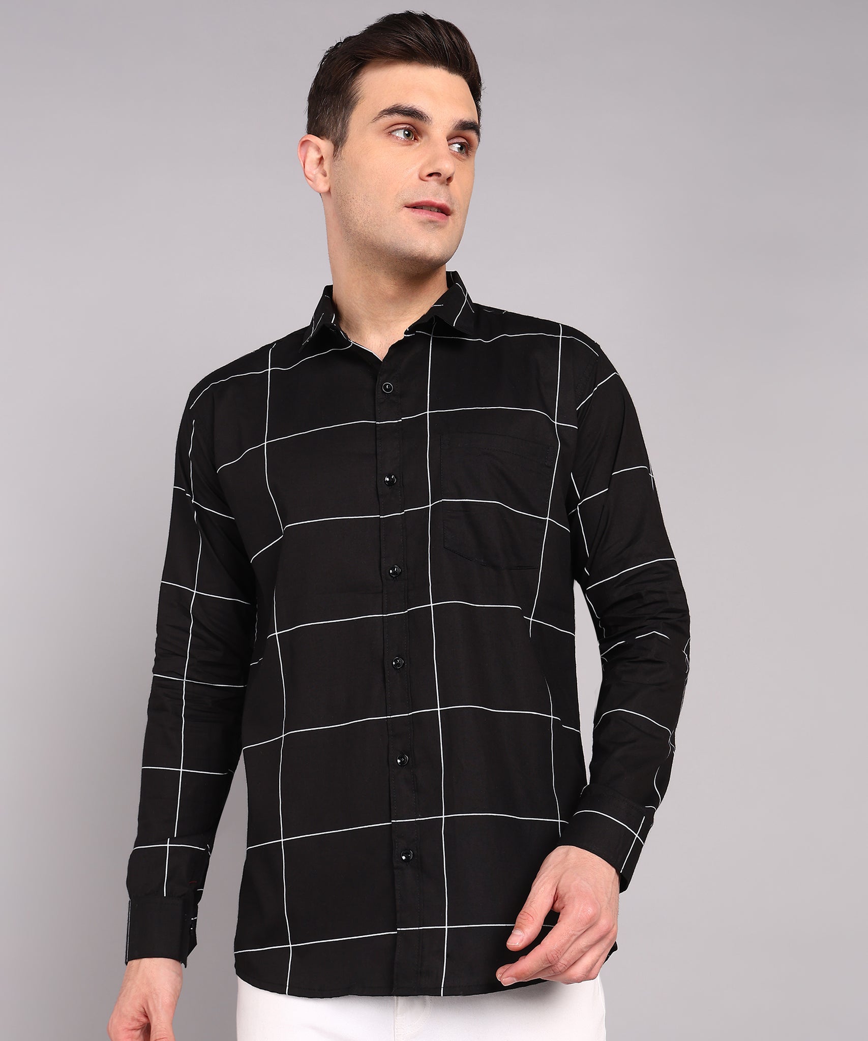 Black Windowpane Checks Slim Fit Casual Shirt