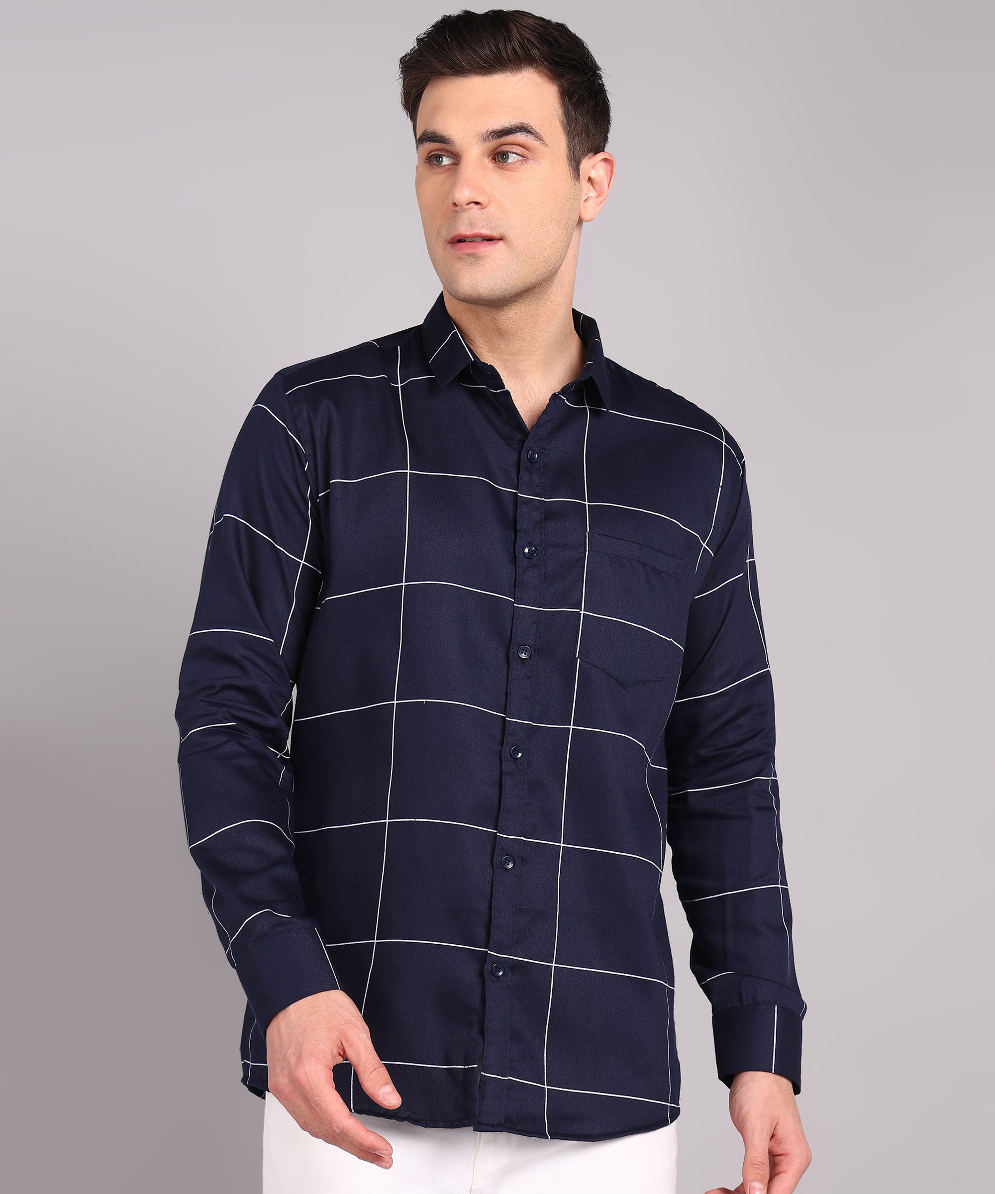 Navy Blue Windowpane Check Casual Shirt