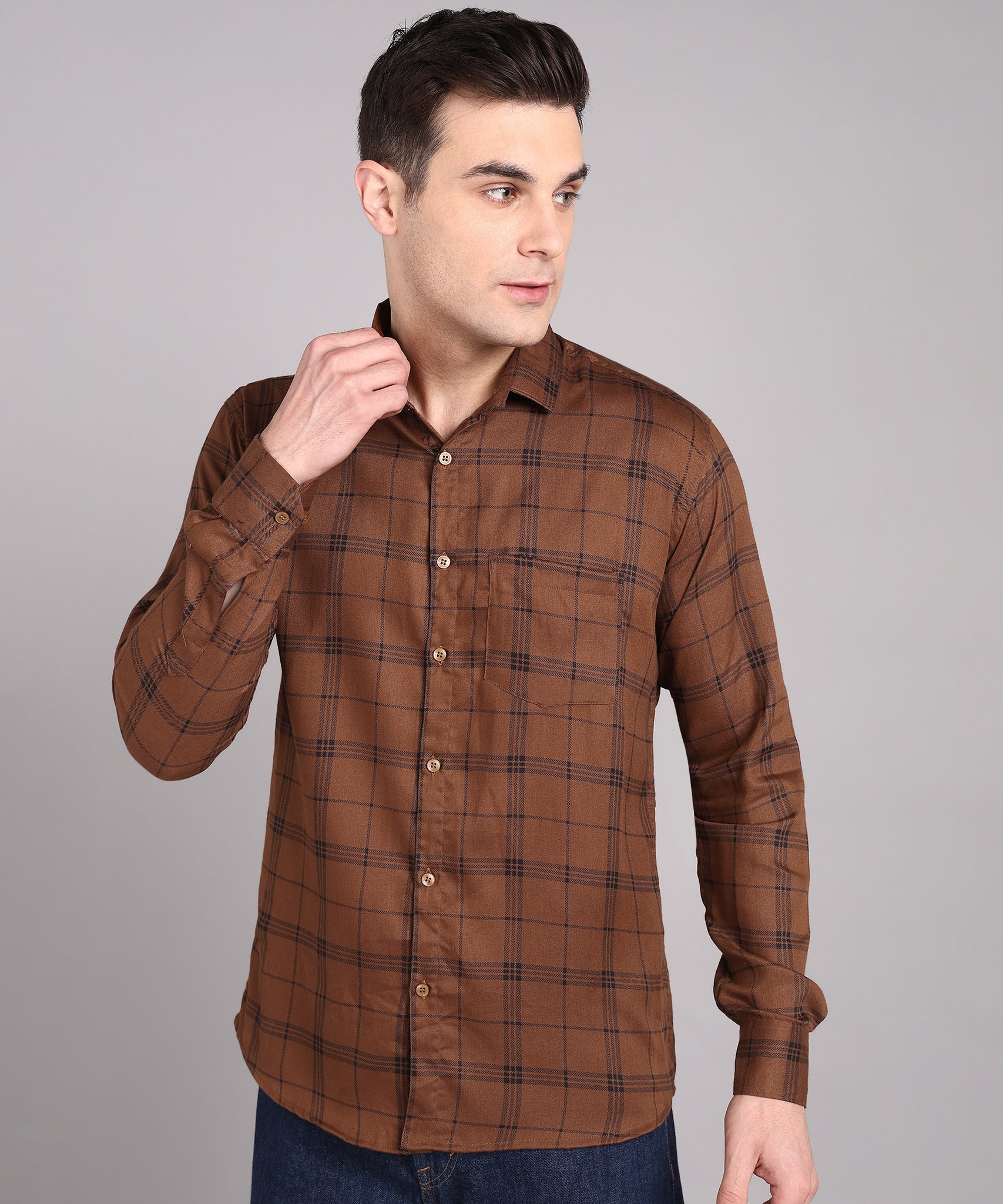 Sanganeri Brown & Black Checked Cotton Shirt