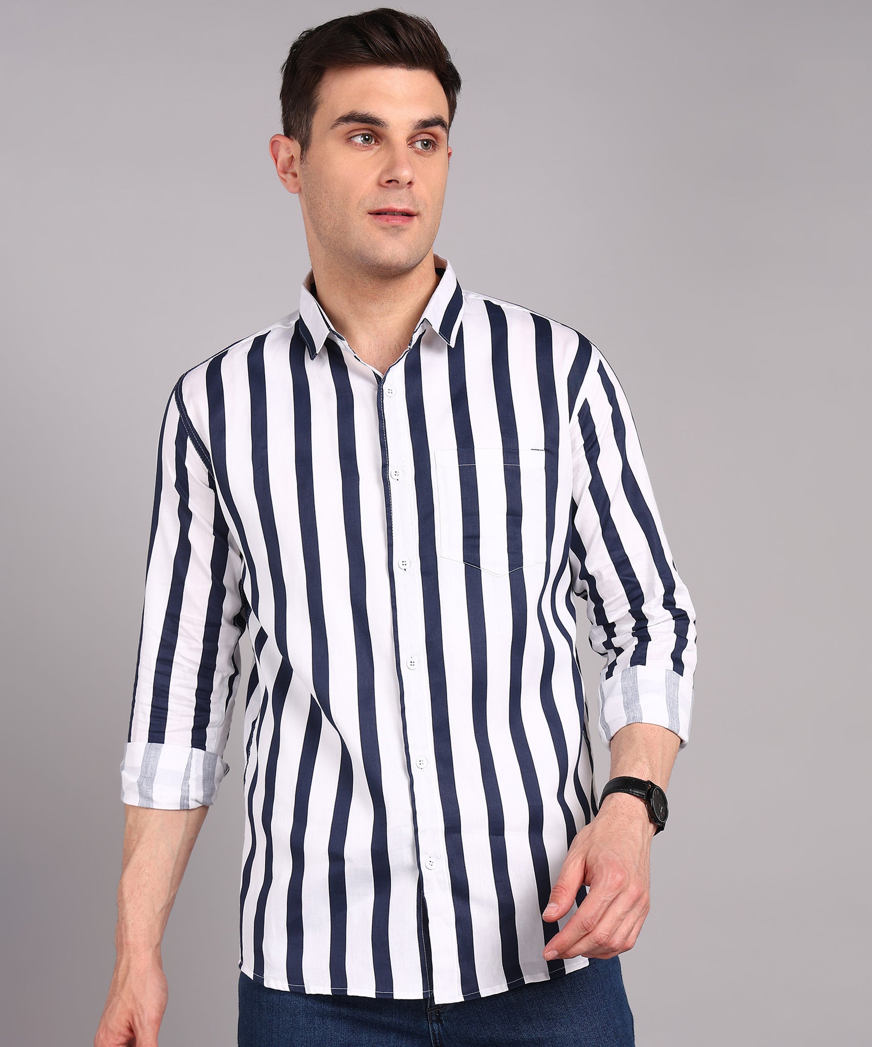 Sanganeri White & Navy Striped Cotton Shirt