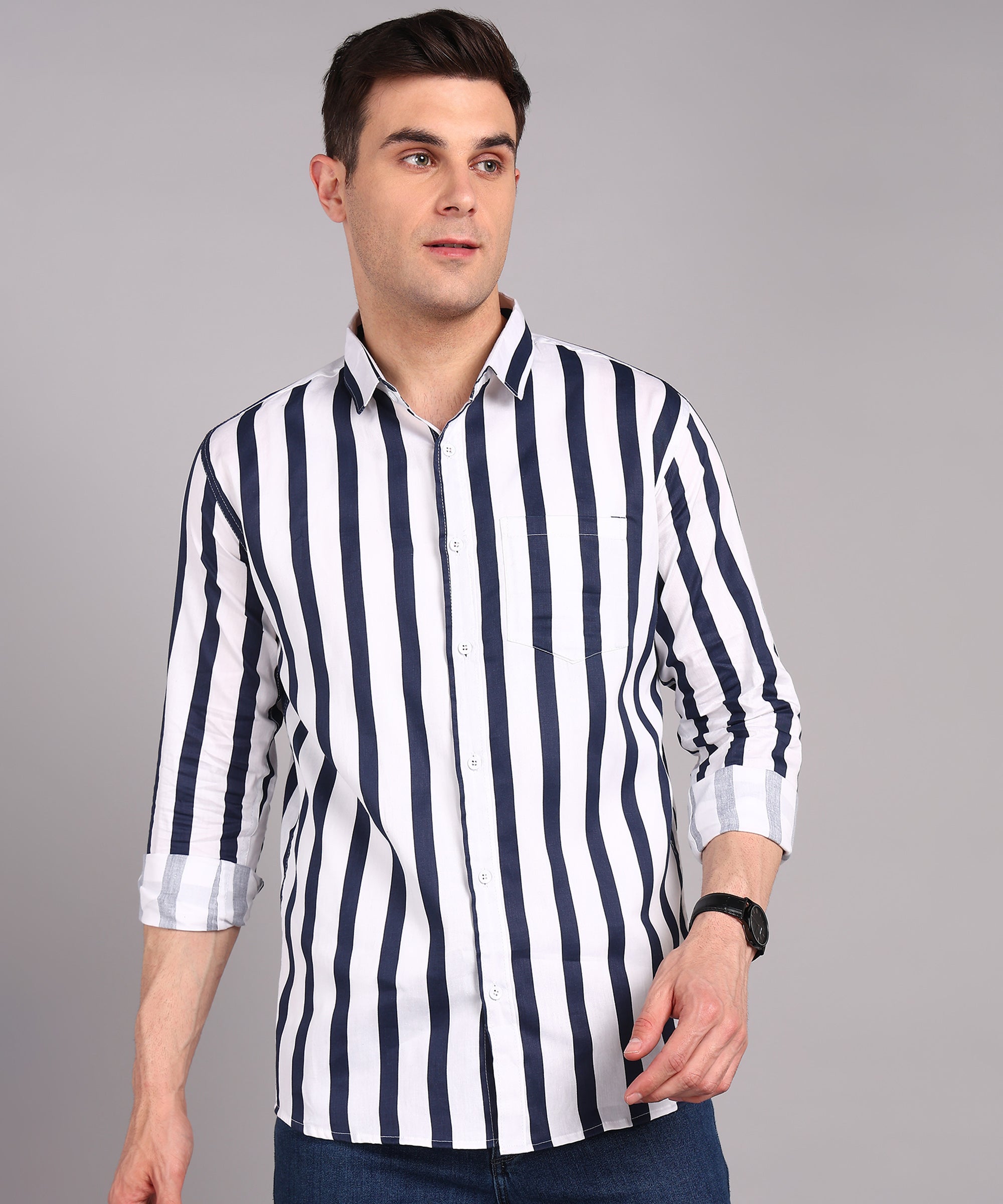 Sanganeri White & Navy Striped Cotton Shirt