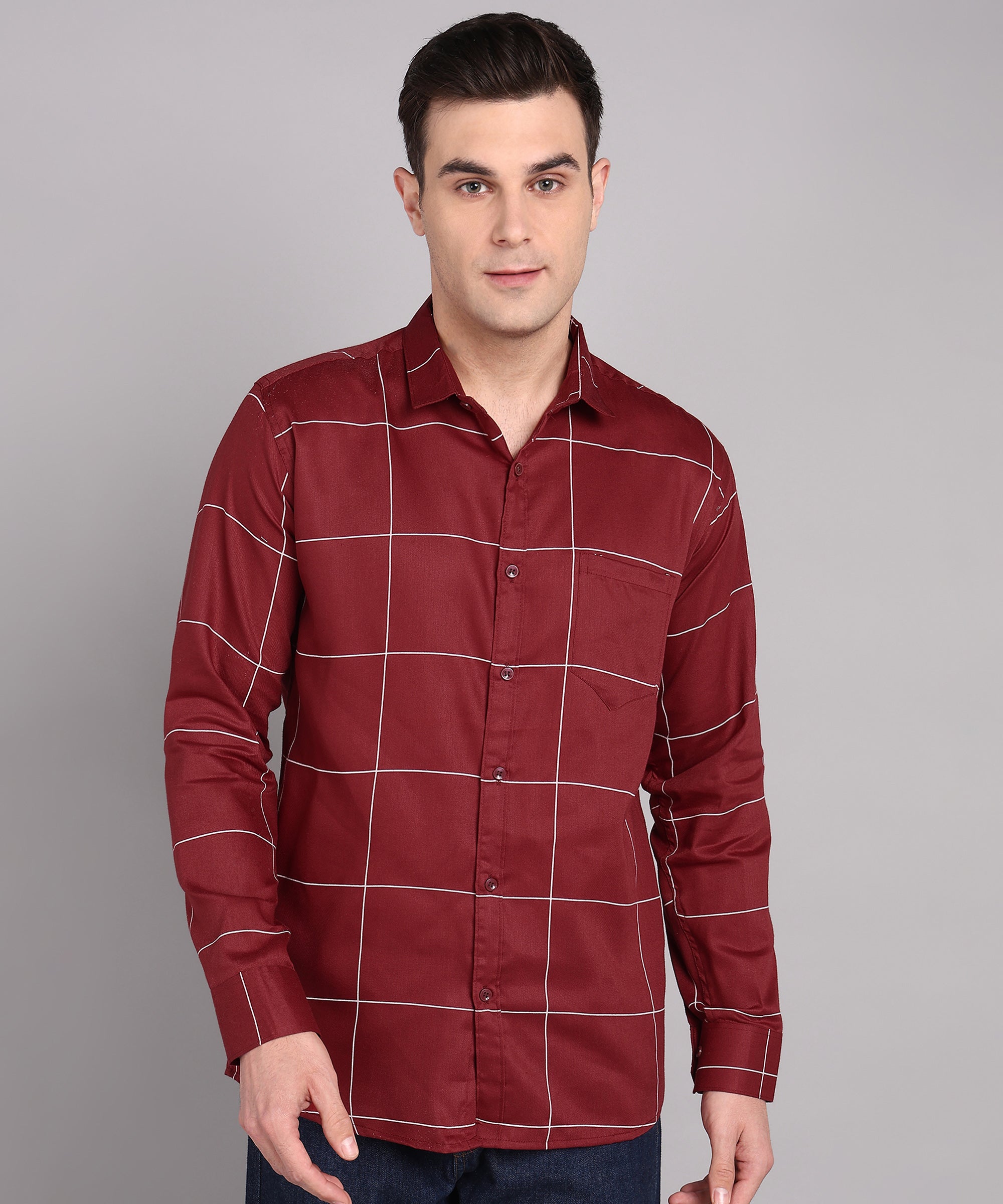 Sanganeri Maroon & White Bold Checked Cotton Shirt