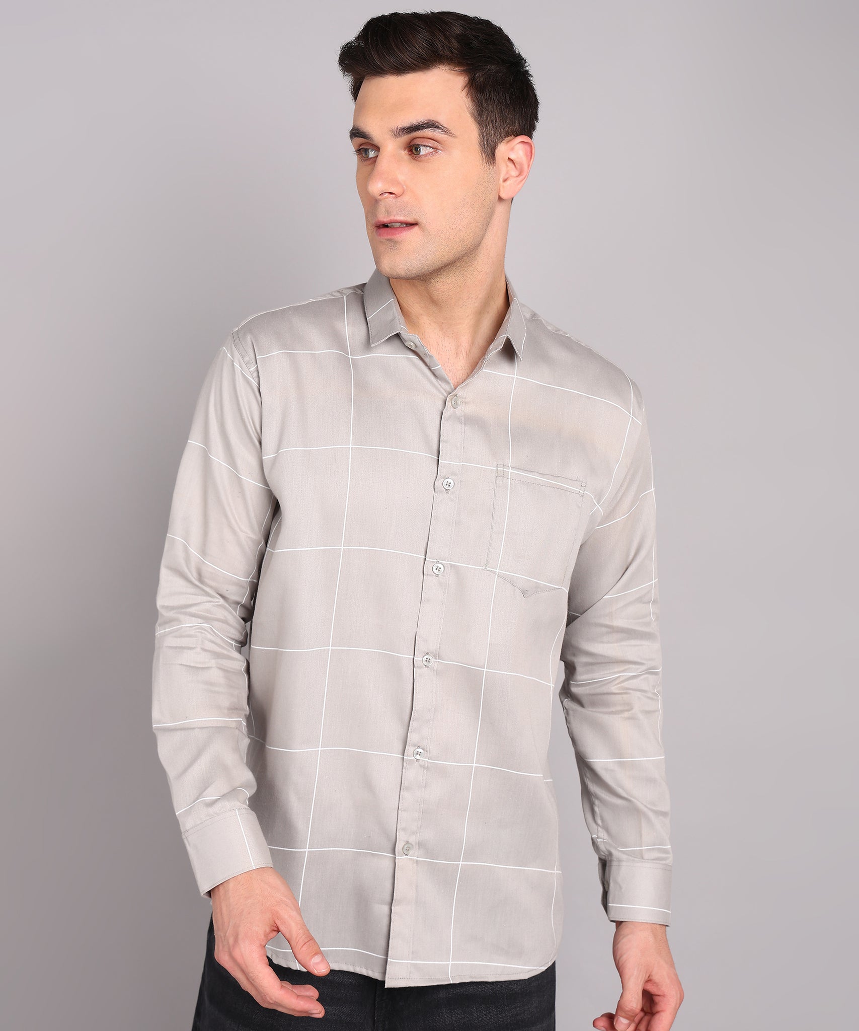 Sanganeri Grey & White Bold Checked Cotton Shirt
