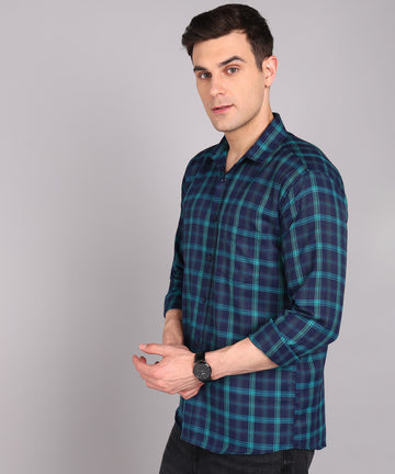 Sanganeri Navy & Teal Checked Cotton Shirt