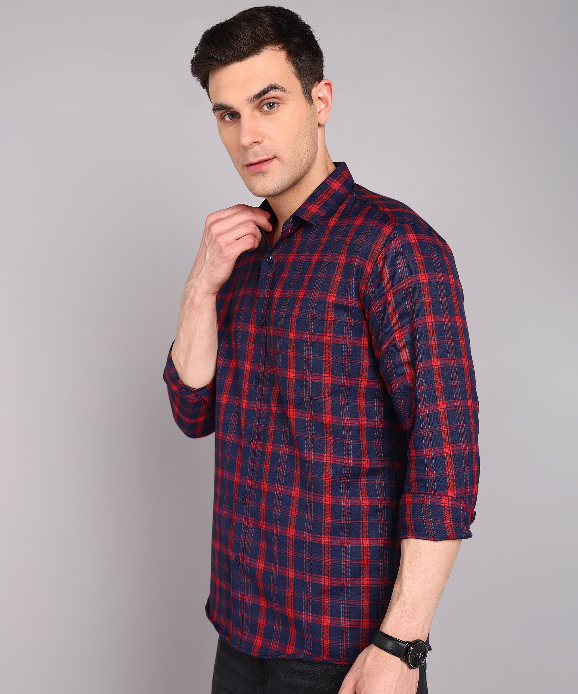 Sanganeri Navy & Red Checked Cotton Shirt