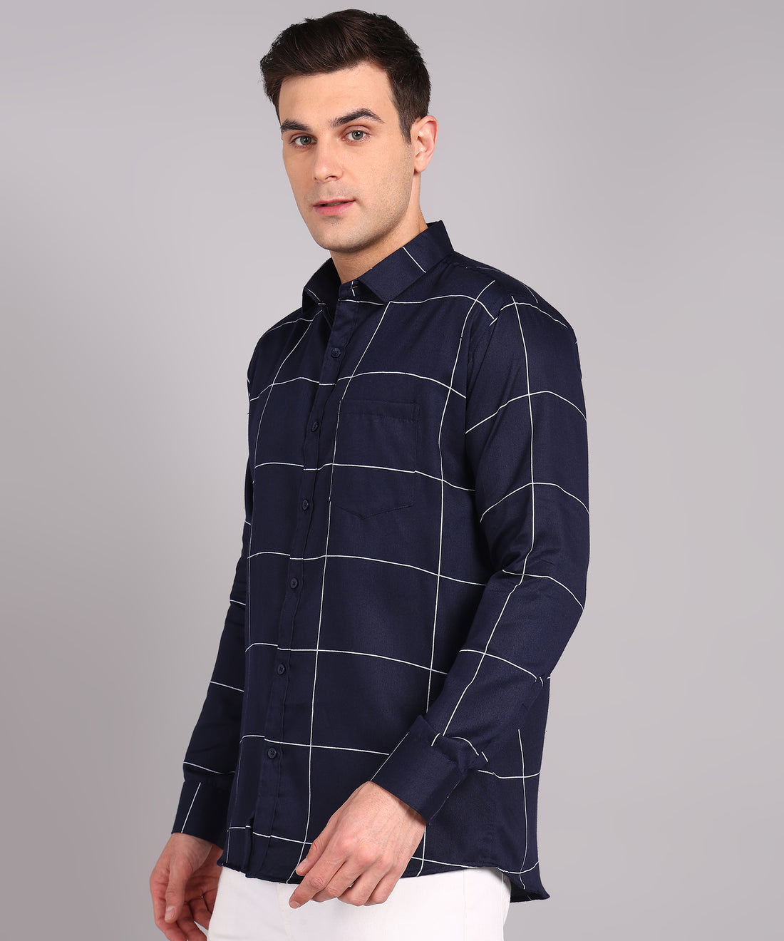 Navy Blue Windowpane Check Casual Shirt