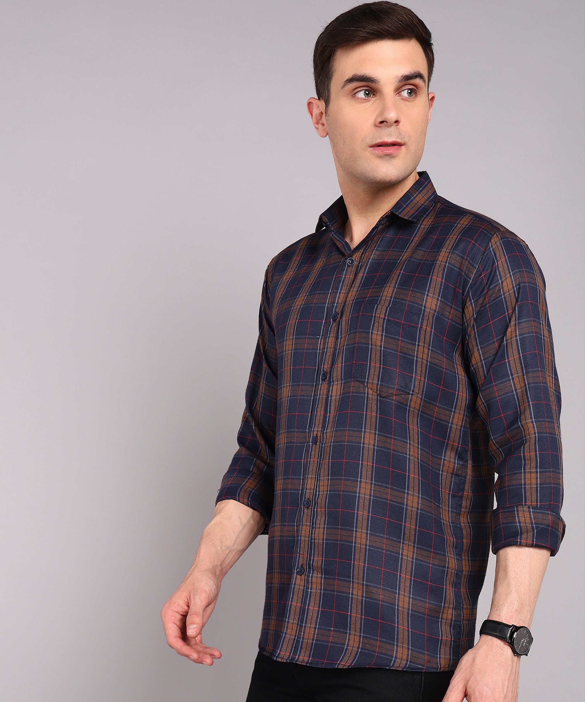 Sanganeri Navy & Brown Checked Cotton Shirt
