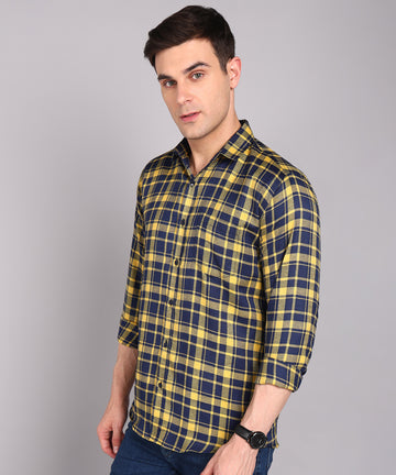 Sanganeri Navy & Yellow Checked Cotton Shirt