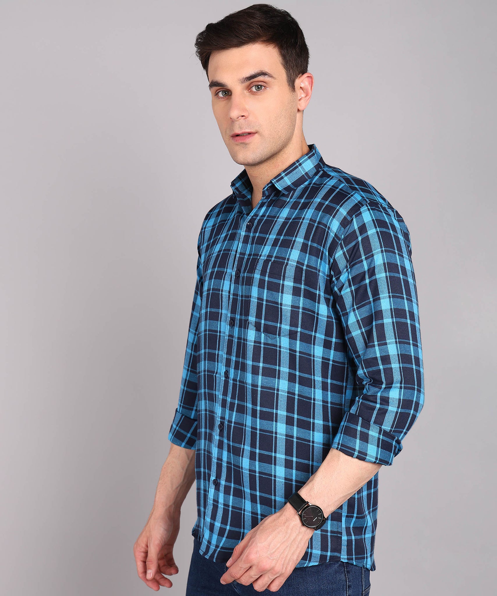 Sanganeri Navy & Cyan Checked Cotton Shirt