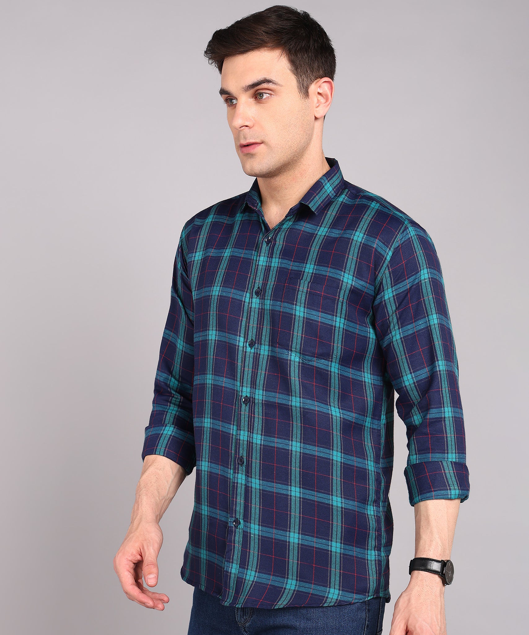 Sanganeri Navy & Teal Checked Cotton Shirt