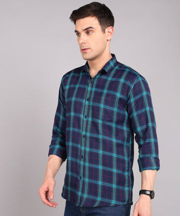 Sanganeri Navy & Teal Checked Cotton Shirt