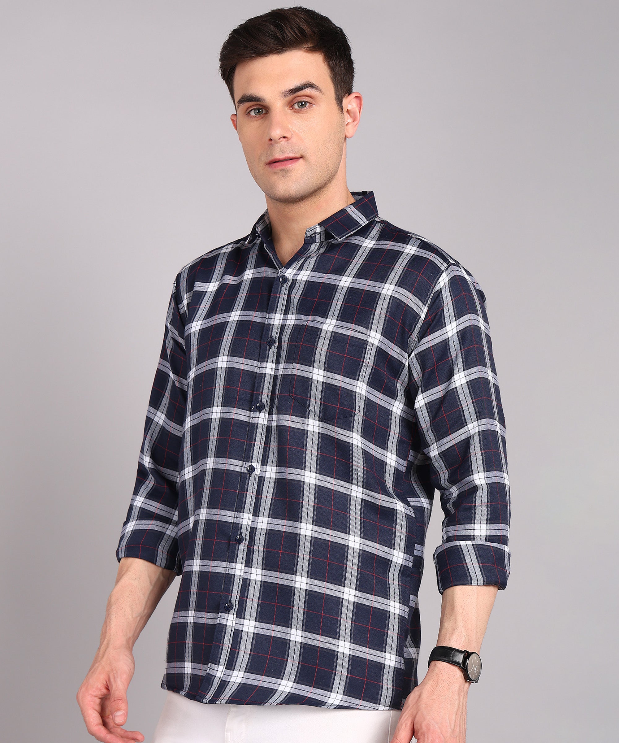 Sanganeri Navy & White Checked Cotton Shirt