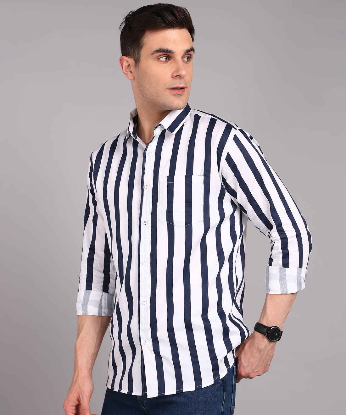 Sanganeri White & Navy Bold Striped Cotton Shirt