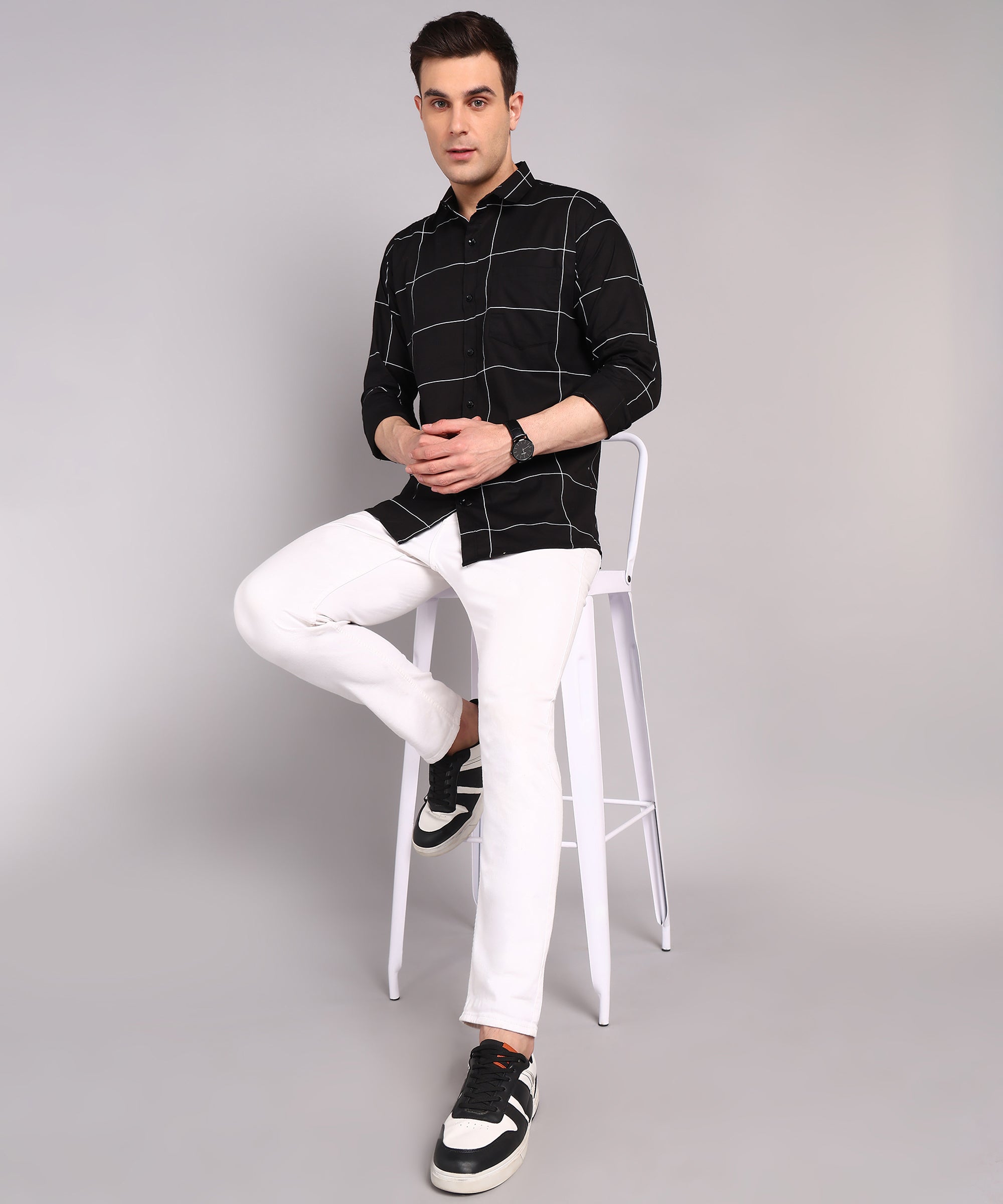 Black Windowpane Checks Slim Fit Casual Shirt