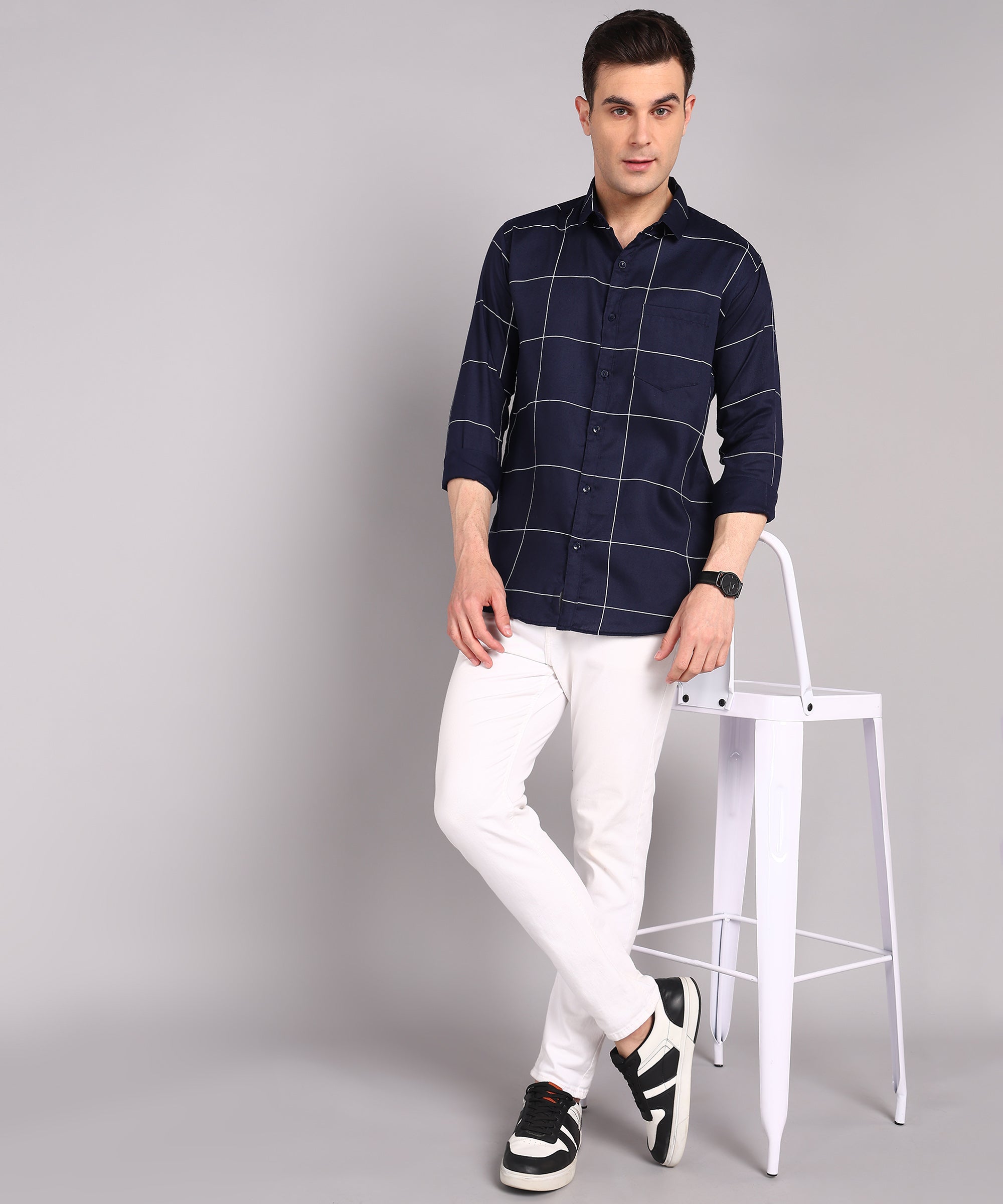 Navy Blue Windowpane Check Casual Shirt