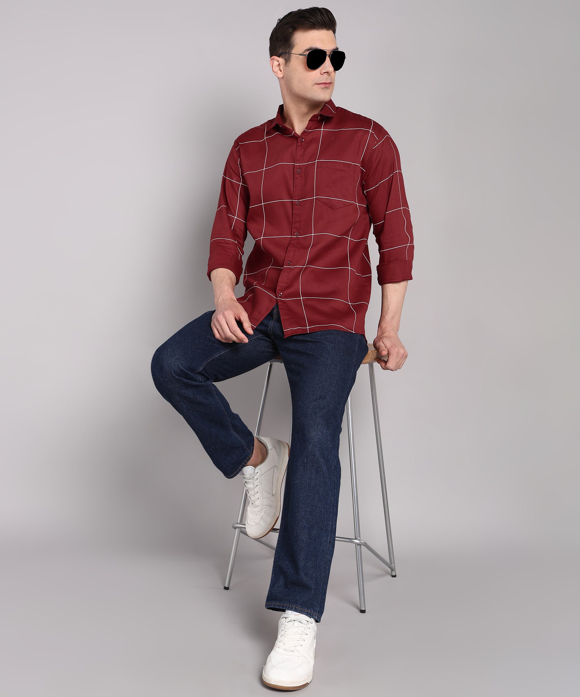 Sanganeri Maroon & White Bold Checked Cotton Shirt