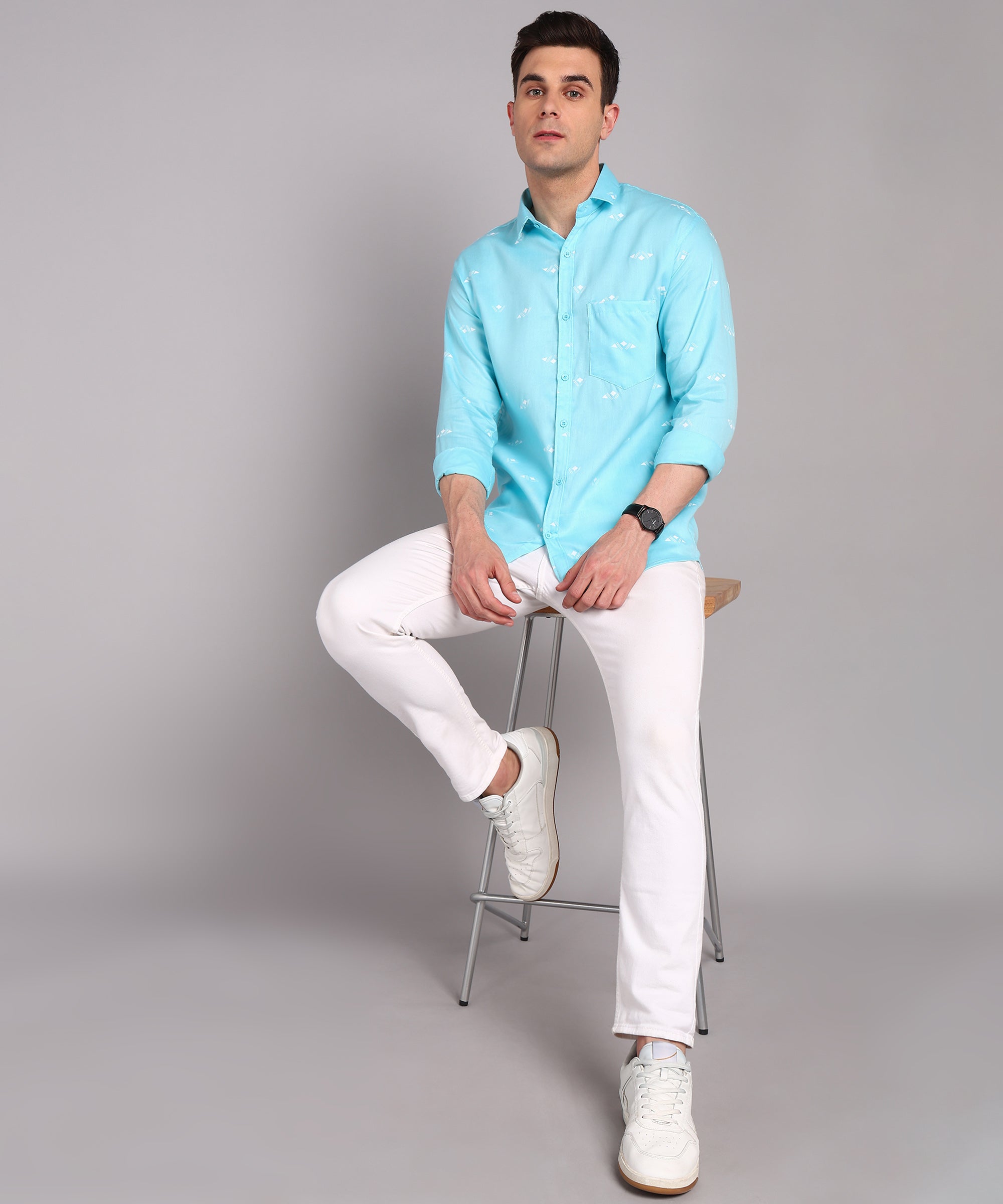 Sanganeri Turquoise Blue Cotton Shirt