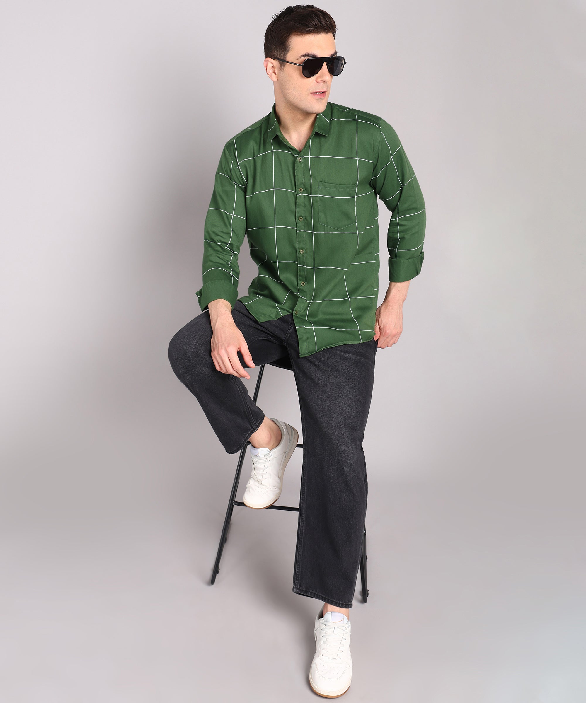 Sanganeri Green & White Bold Checked Cotton Shirt