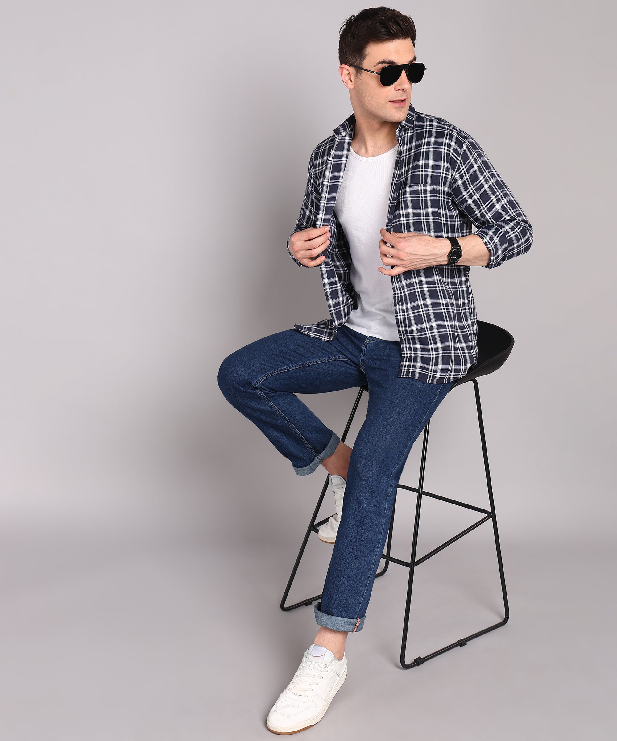 Sanganeri White & Navy Casual Checked Cotton Shirt