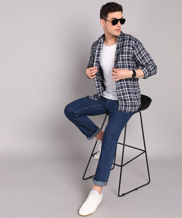 Sanganeri White & Navy Casual Checked Cotton Shirt