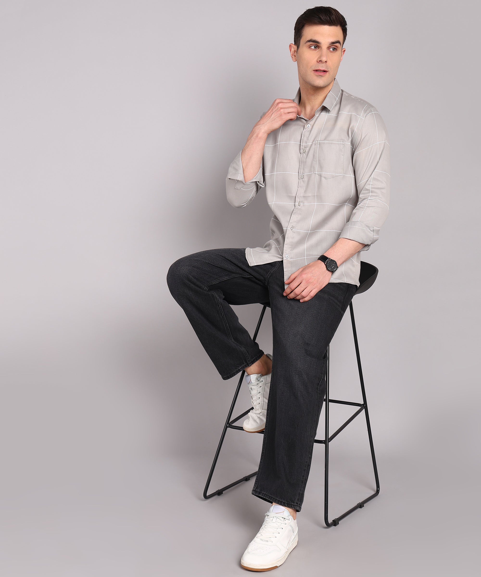 Sanganeri Grey & White Bold Checked Cotton Shirt