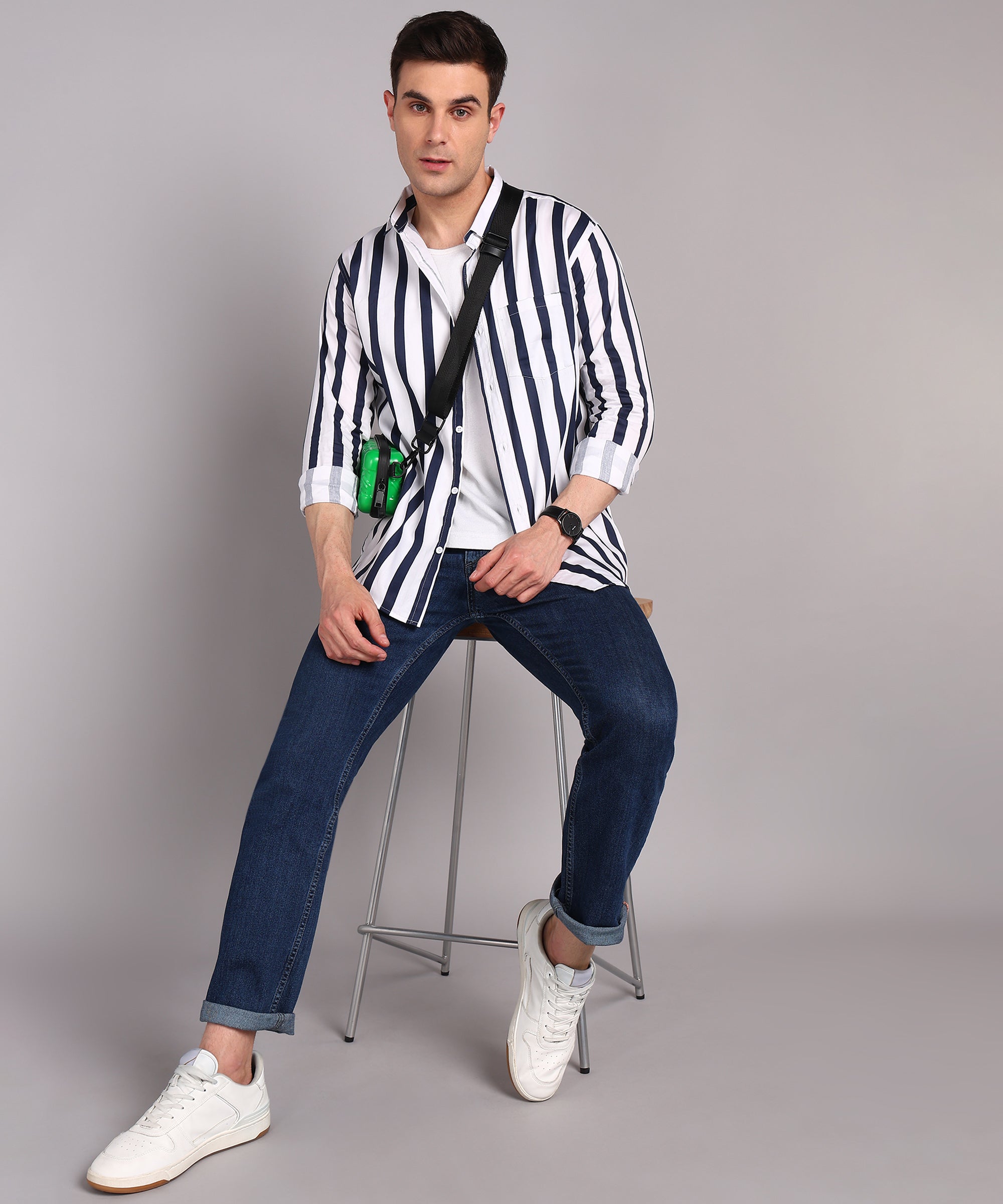 Sanganeri White & Navy Striped Cotton Shirt