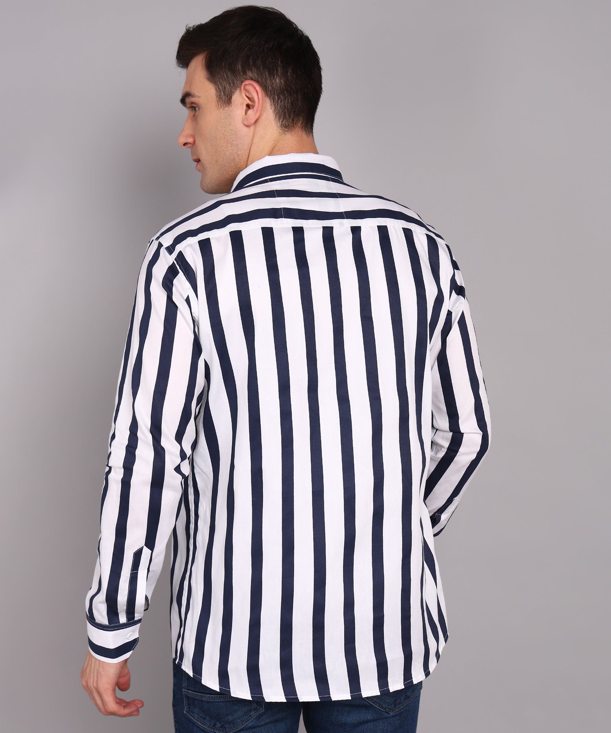 Sanganeri White & Navy Striped Cotton Shirt