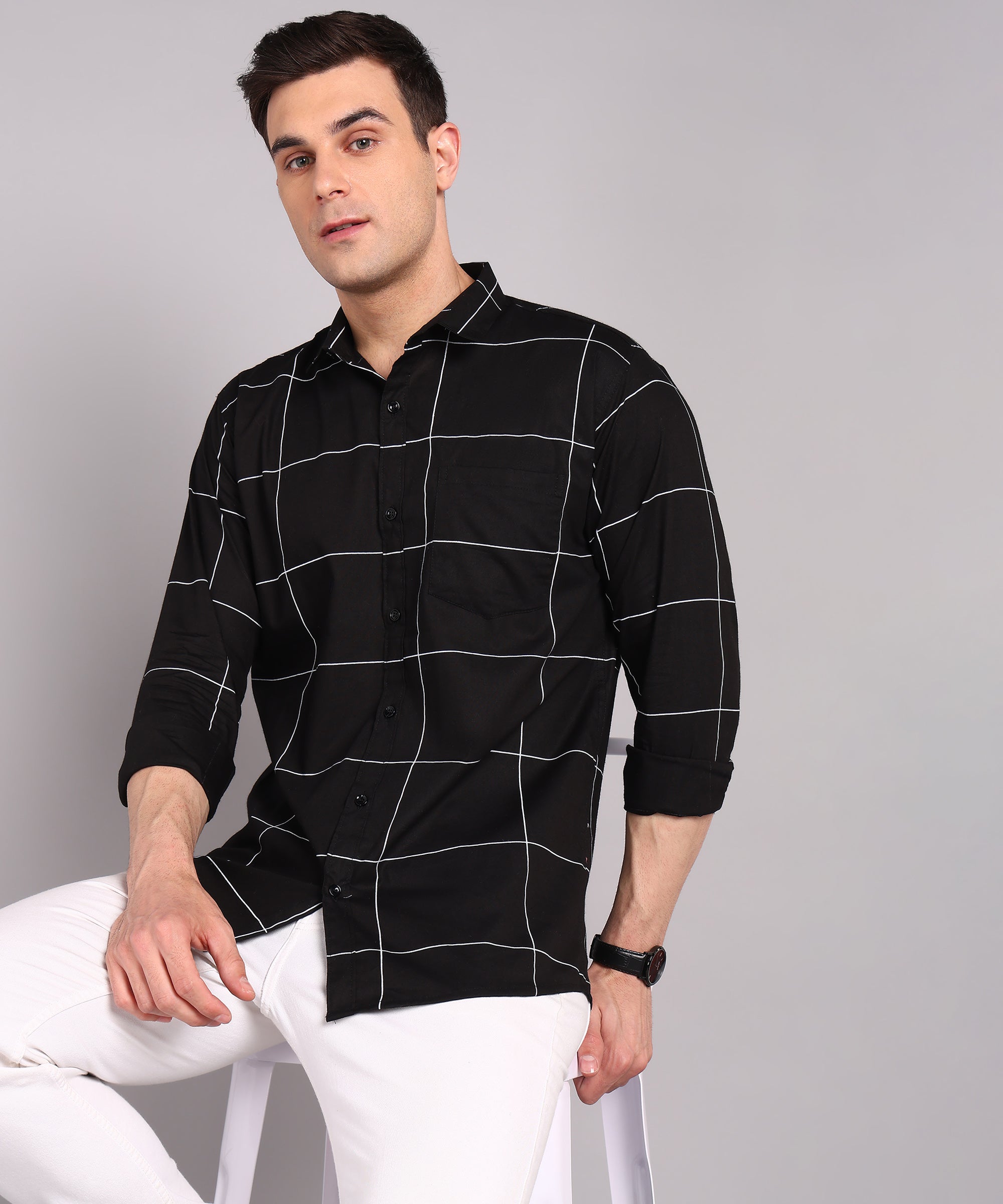 Black Windowpane Checks Slim Fit Casual Shirt