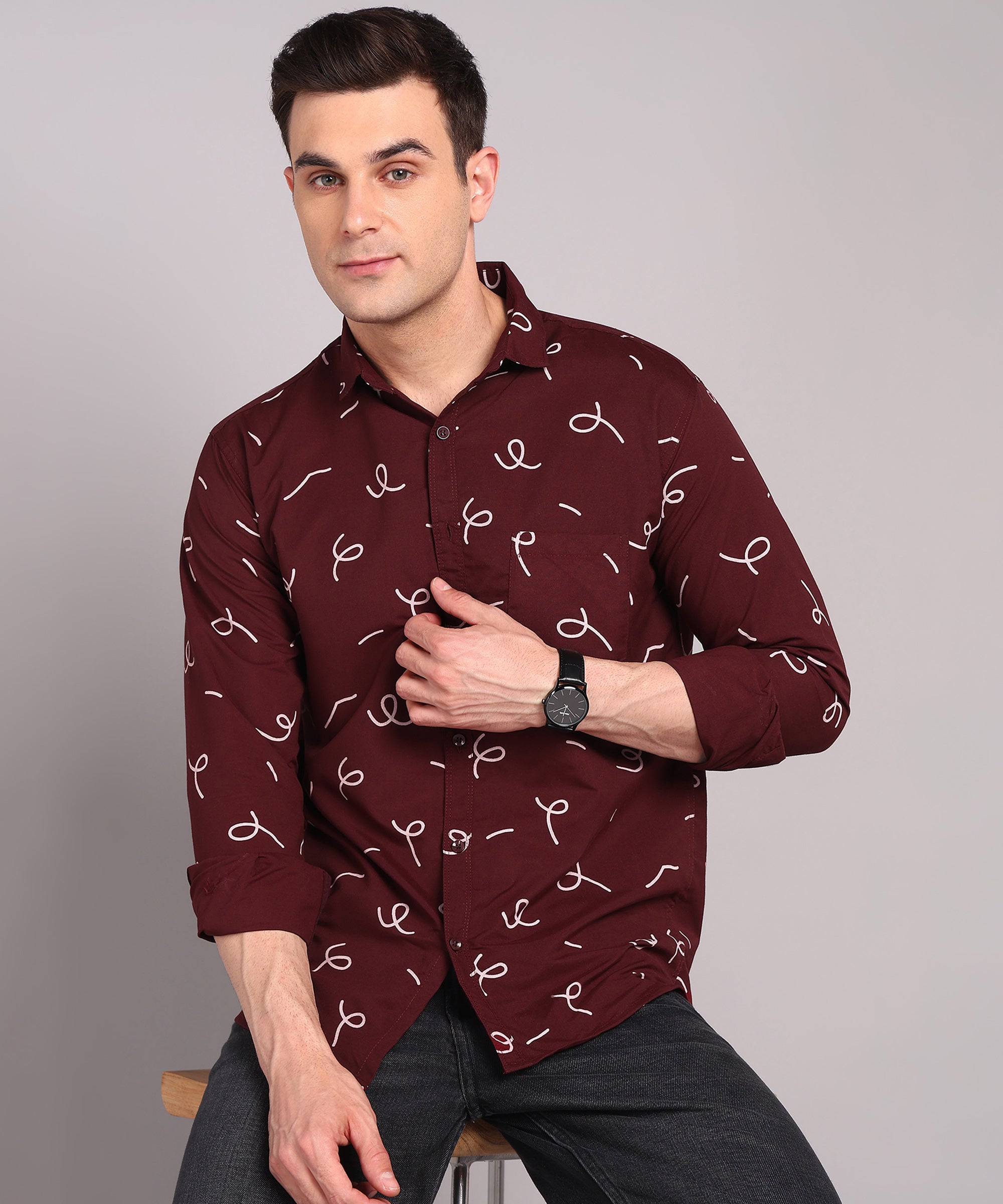 Sanganeri Maroon Printed Cotton Shirt