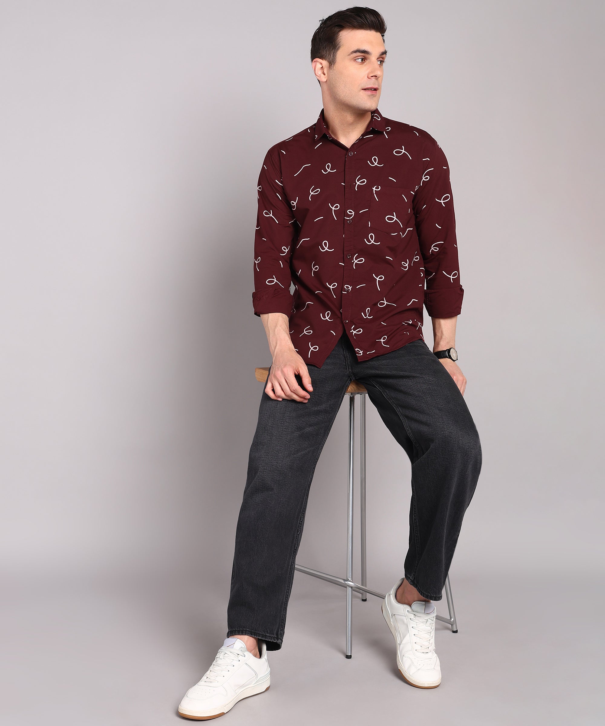 Sanganeri Maroon Printed Cotton Shirt