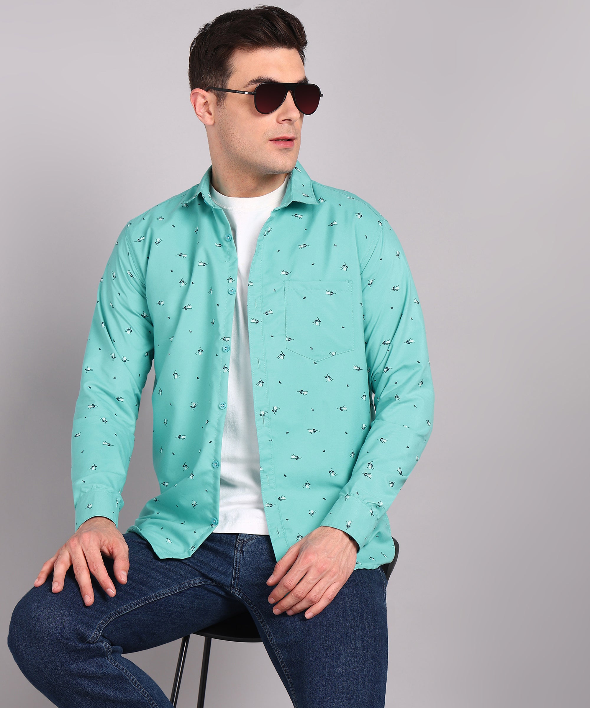 Sanganeri Aqua Green Printed Cotton Shirt