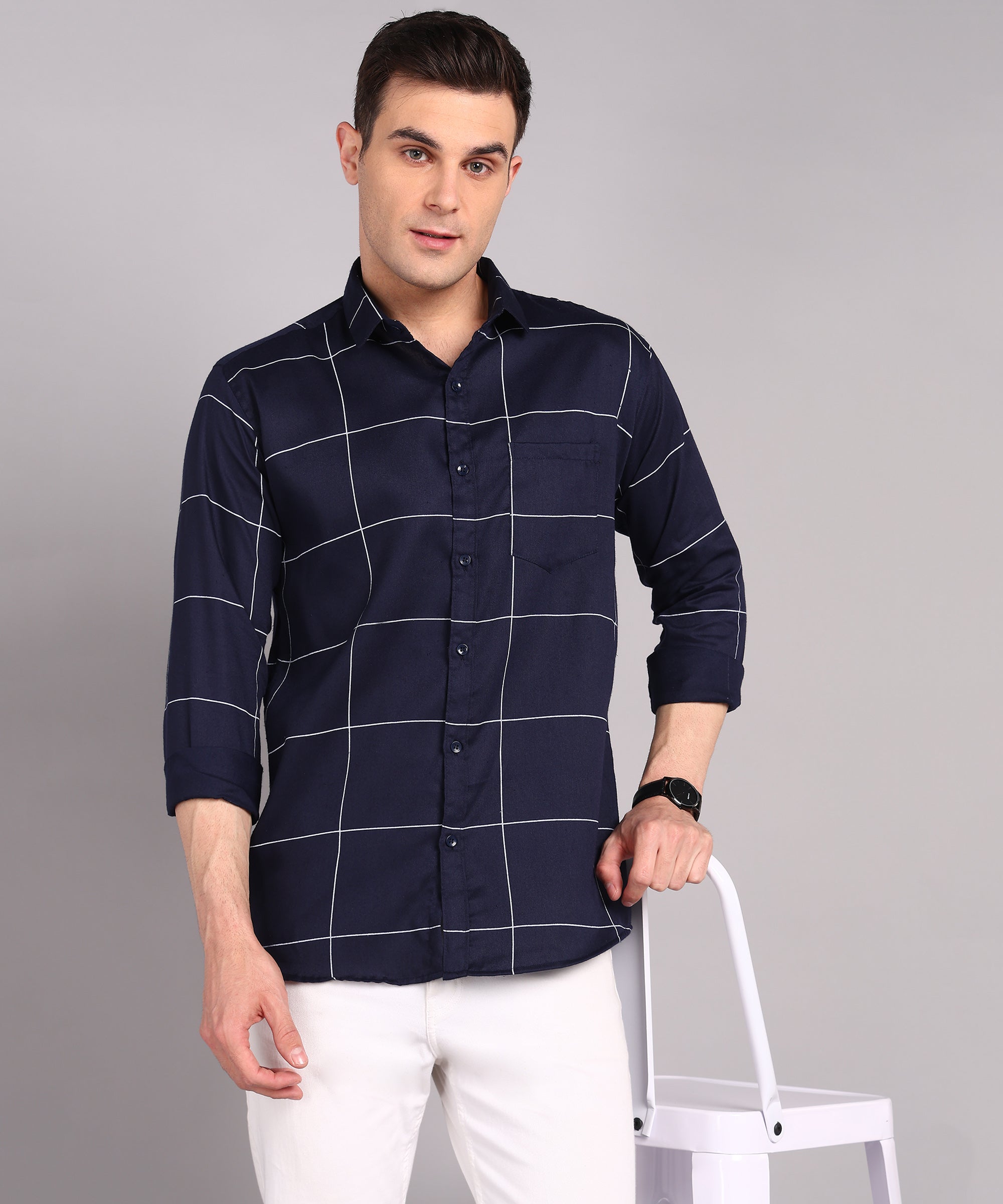 Navy Blue Windowpane Check Casual Shirt