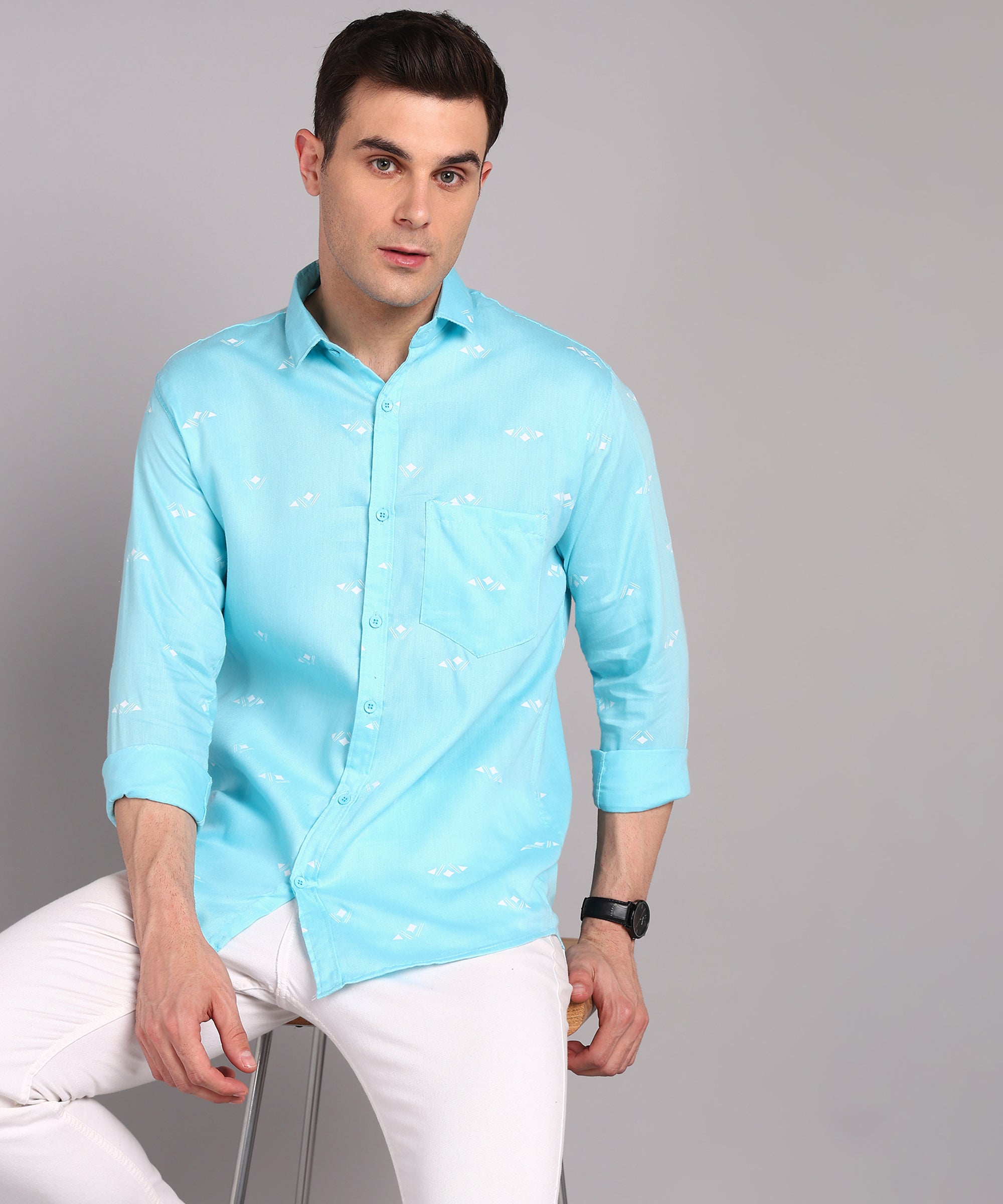 Sanganeri Turquoise Blue Cotton Shirt