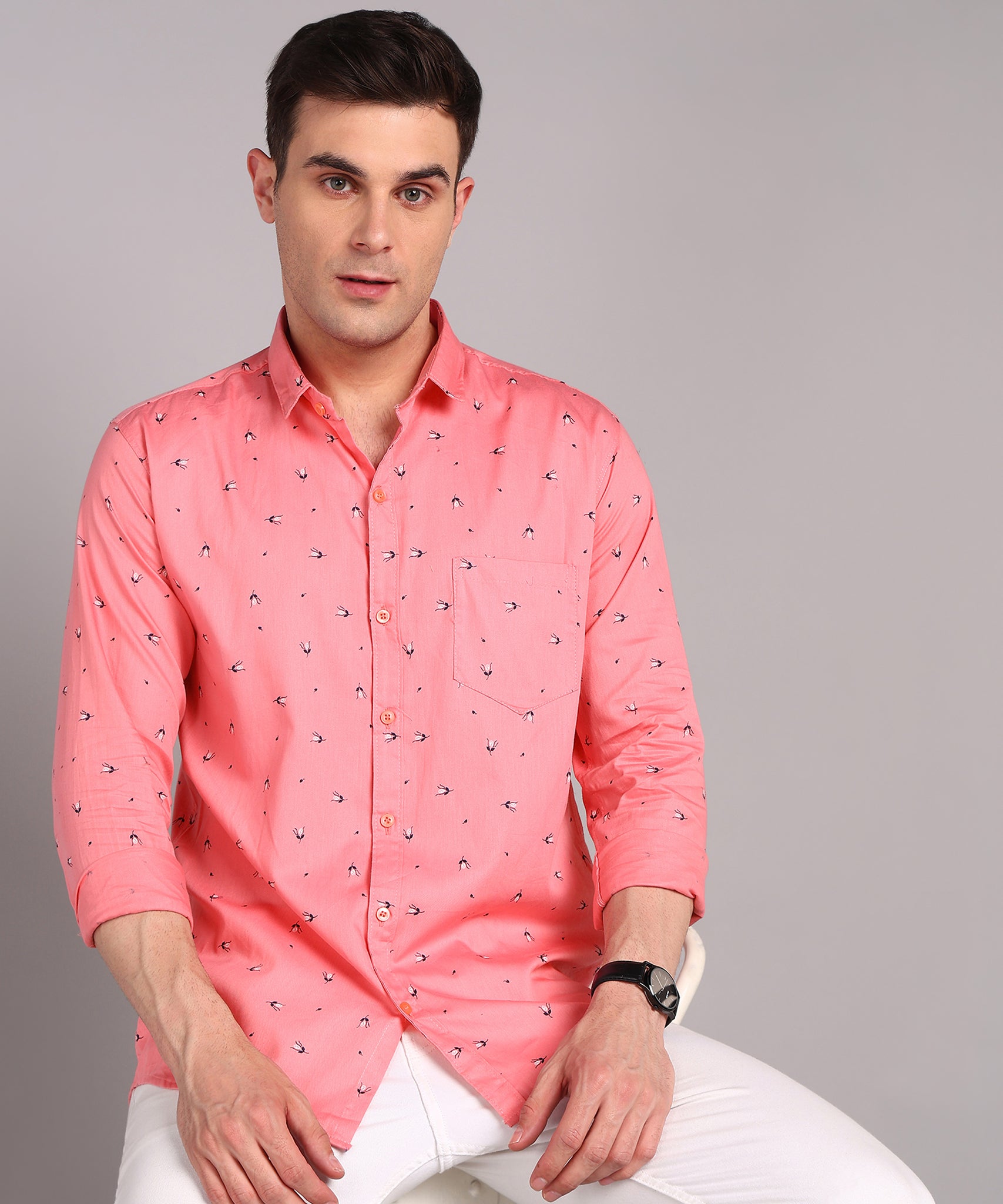 Sanganeri Coral Pink Printed Cotton Shirt