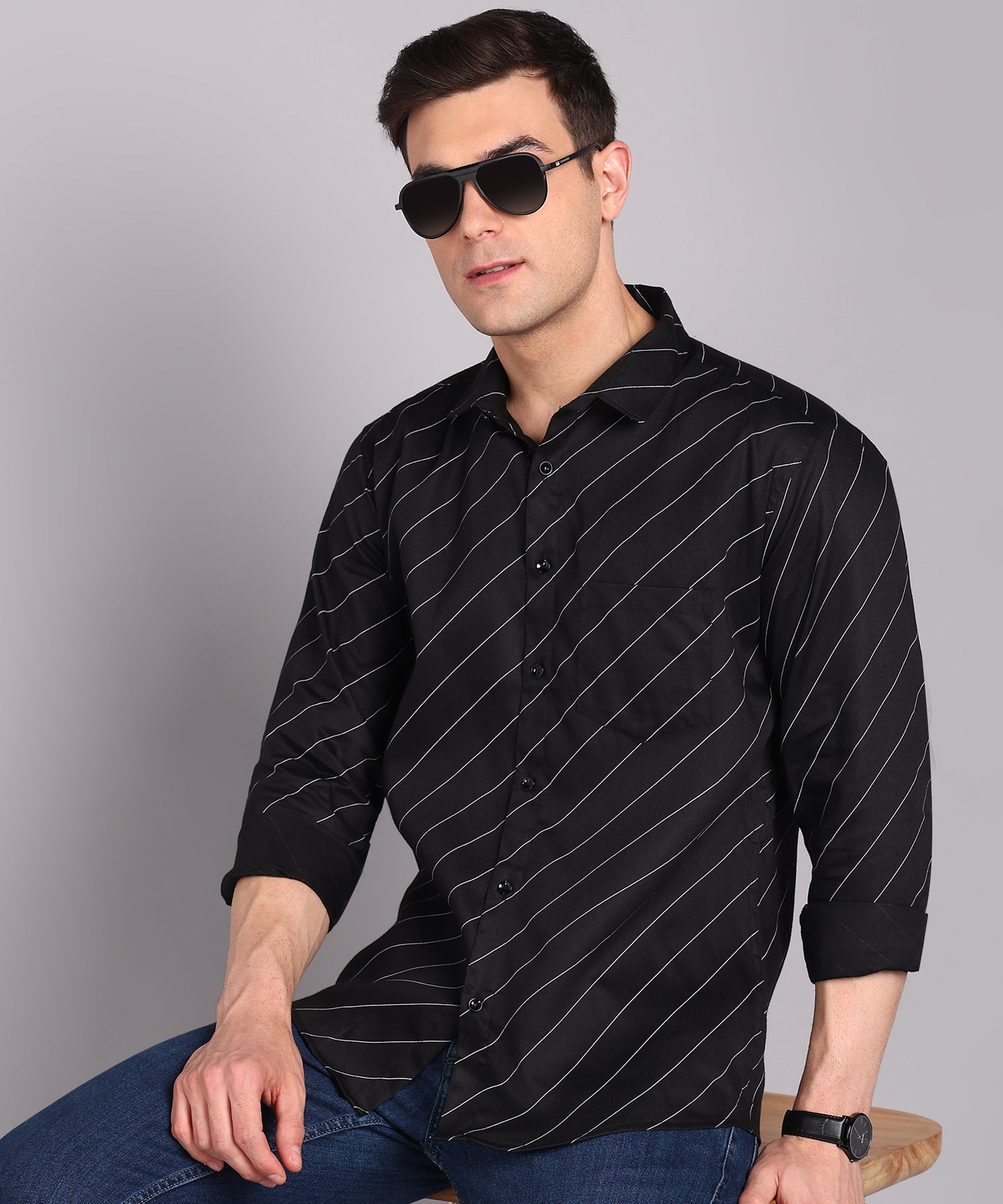 Sanganeri Black Striped Cotton Shirt