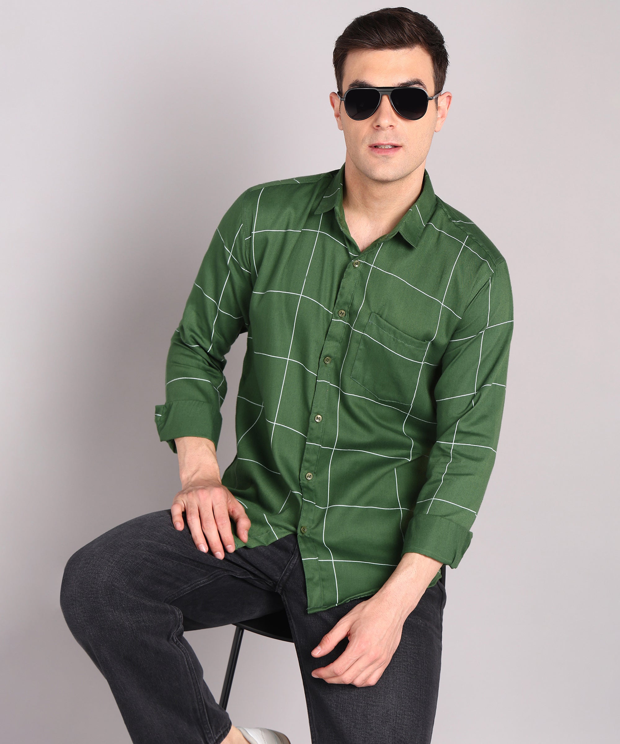 Sanganeri Green & White Bold Checked Cotton Shirt