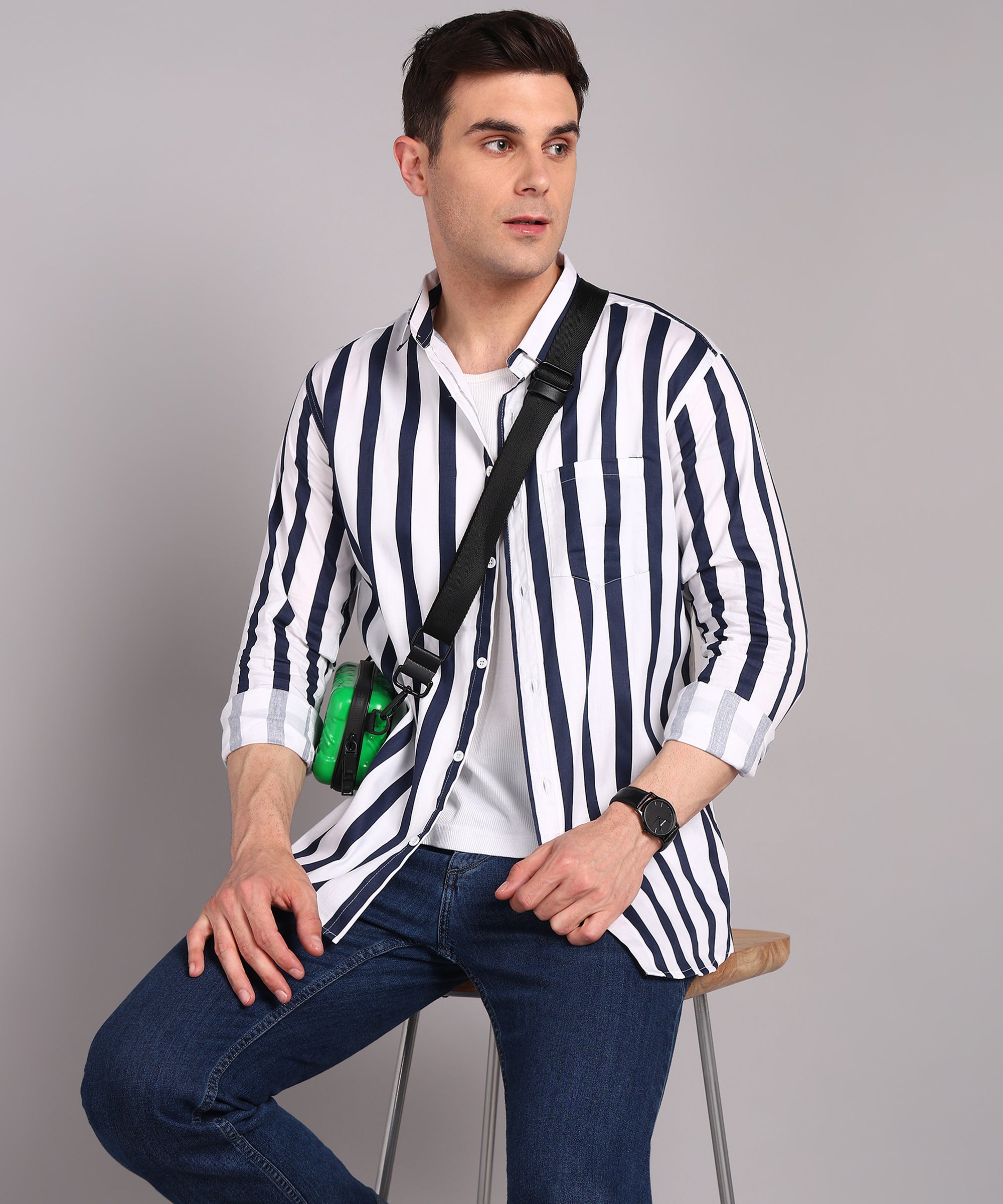 Sanganeri White & Navy Bold Striped Cotton Shirt