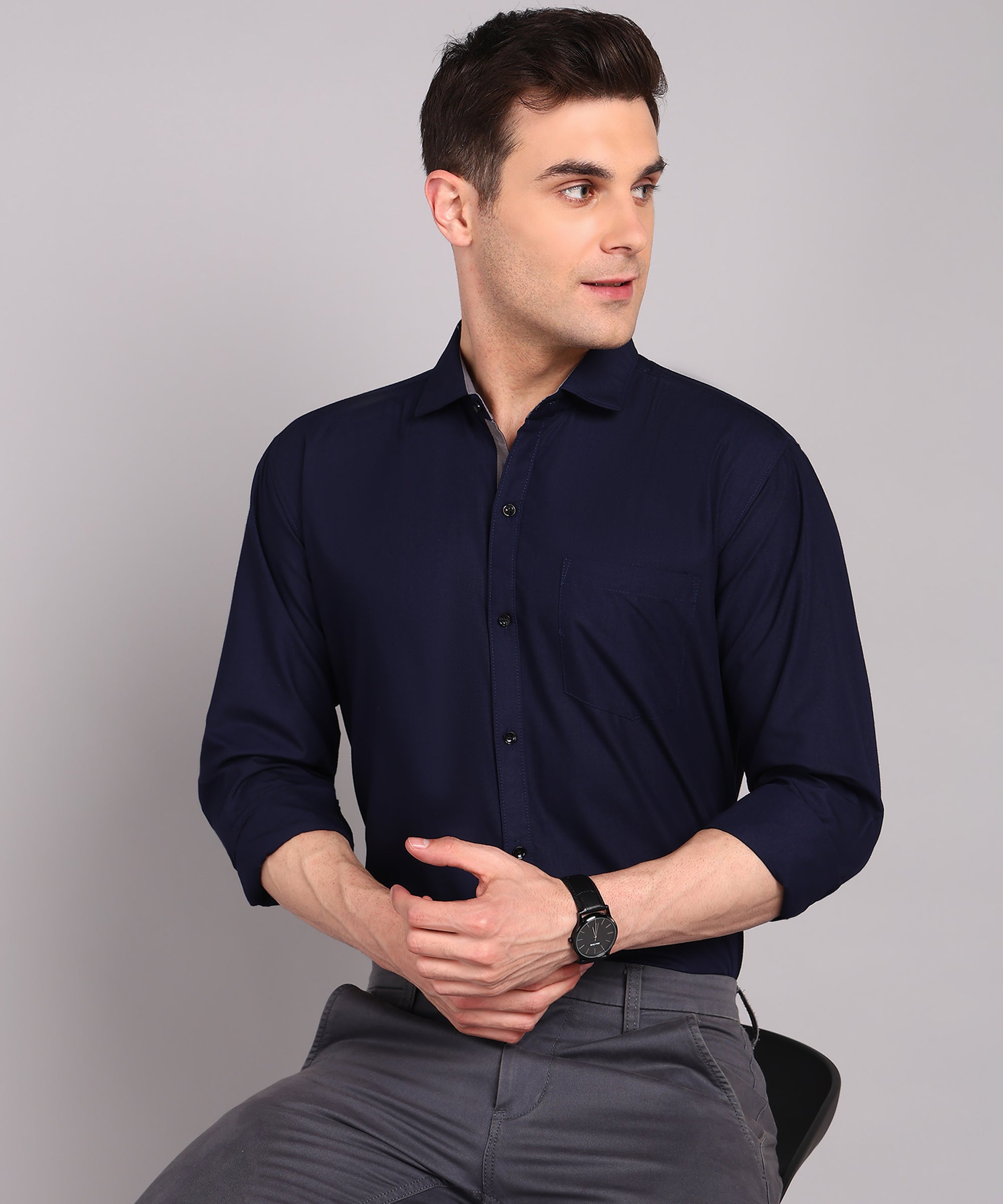 Sanganeri Solid Navy Cotton Shirt