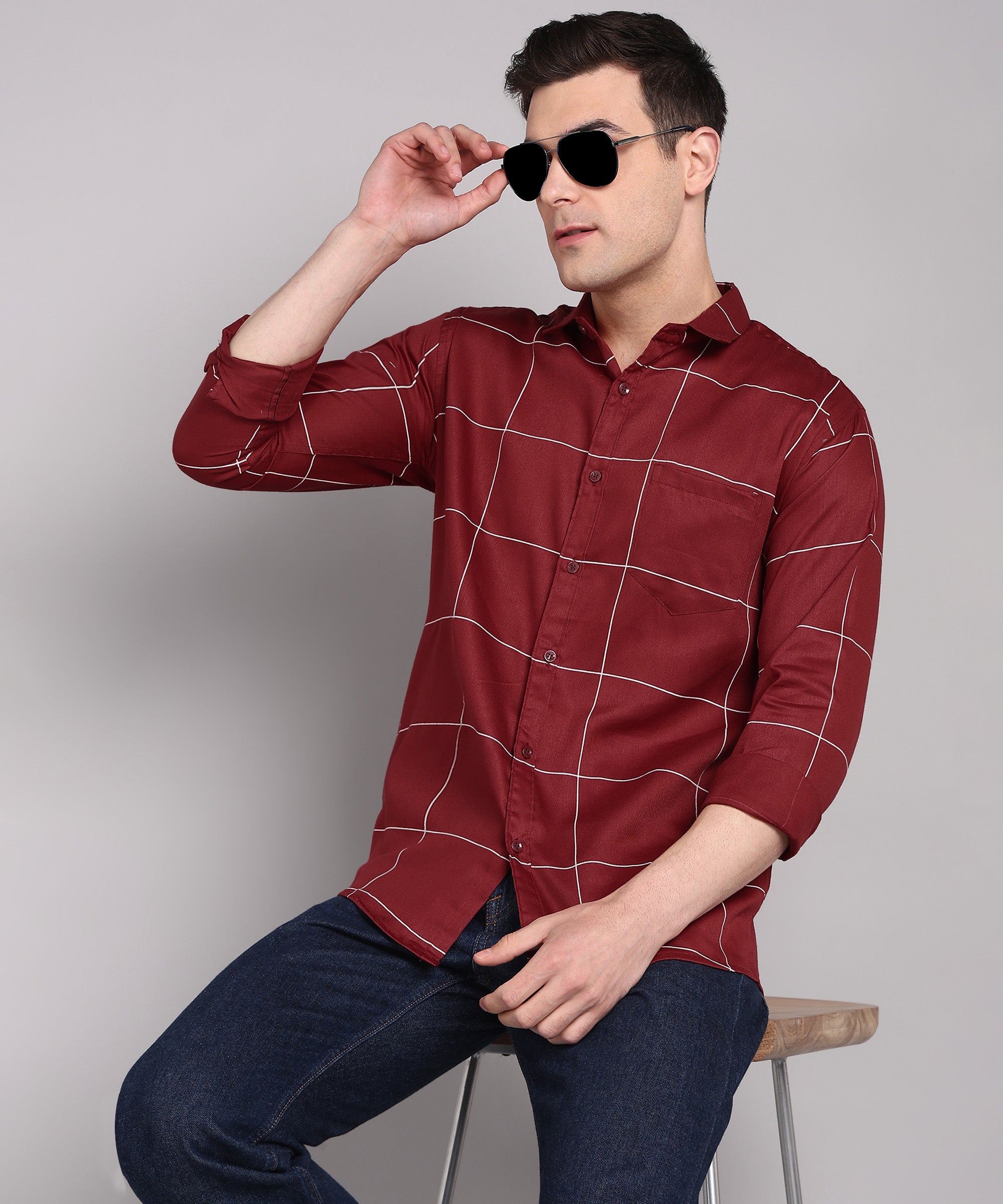 Sanganeri Maroon & White Bold Checked Cotton Shirt