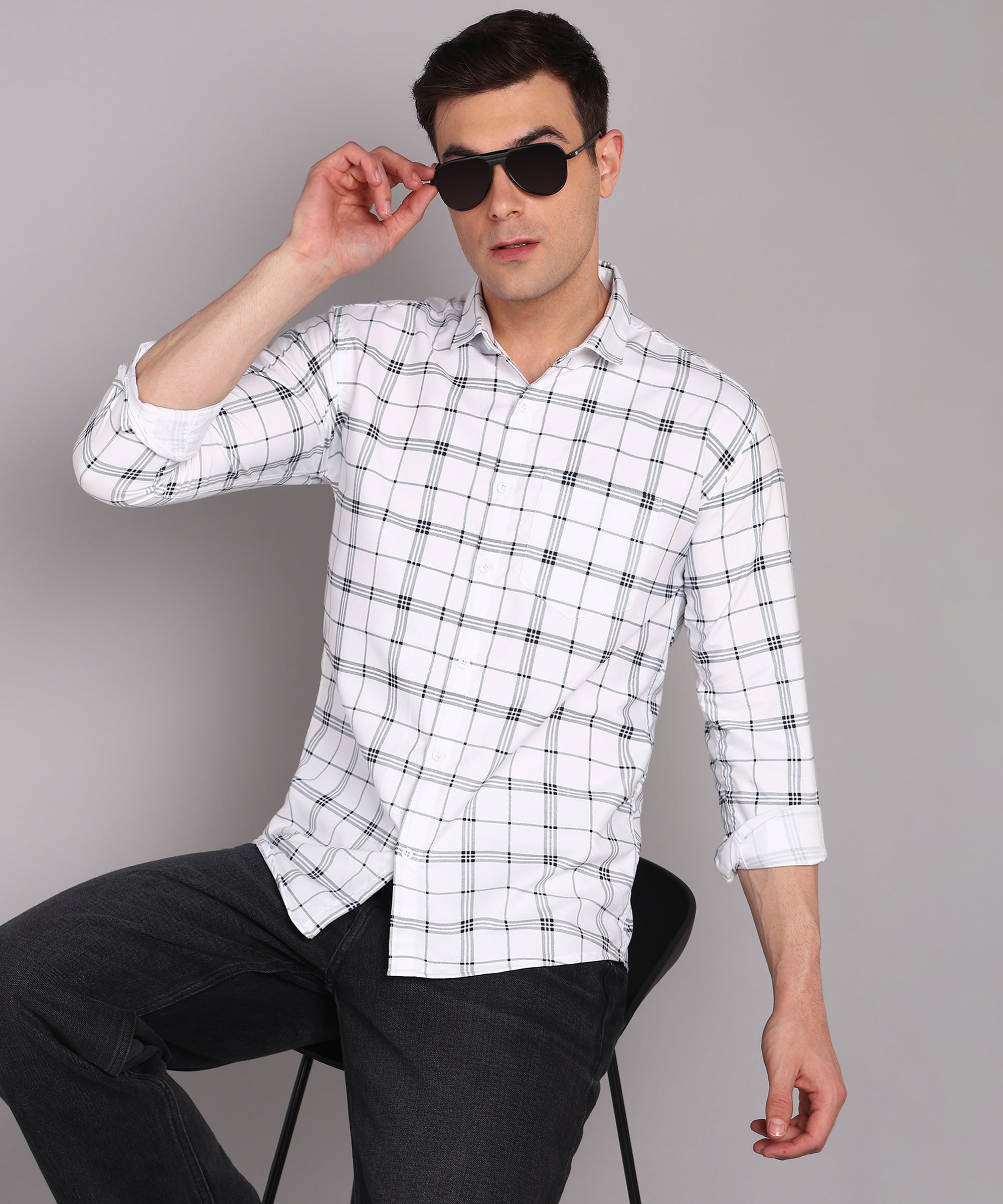 Sanganeri White & Black Grid Checked Cotton Shirt
