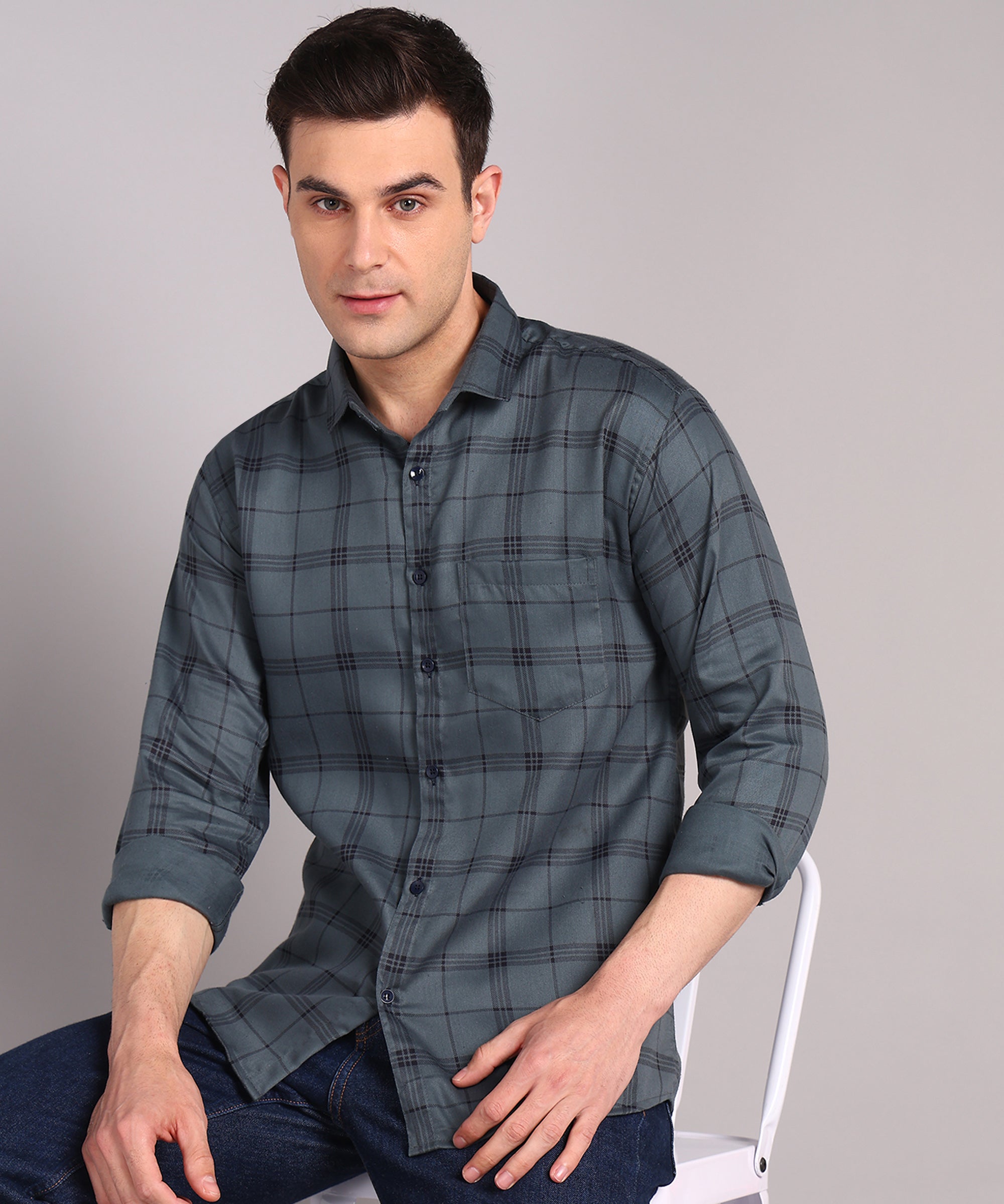 Sanganeri Grey & Navy Checked Cotton Shirt