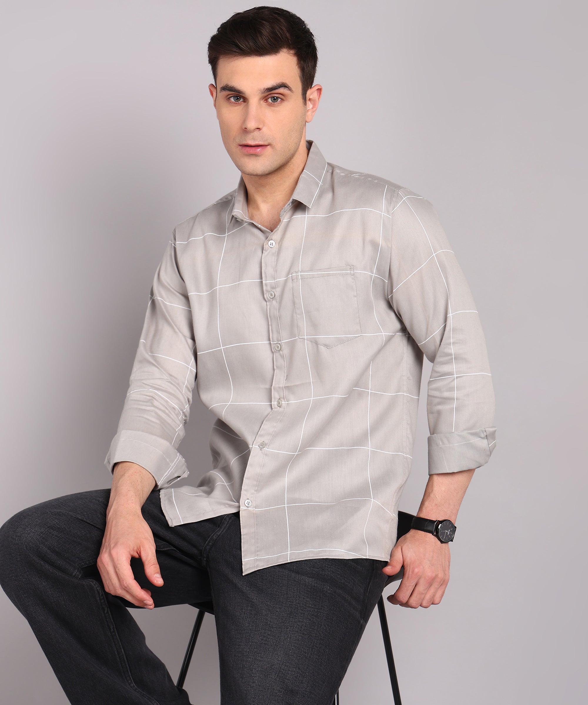 Sanganeri Grey & White Bold Checked Cotton Shirt