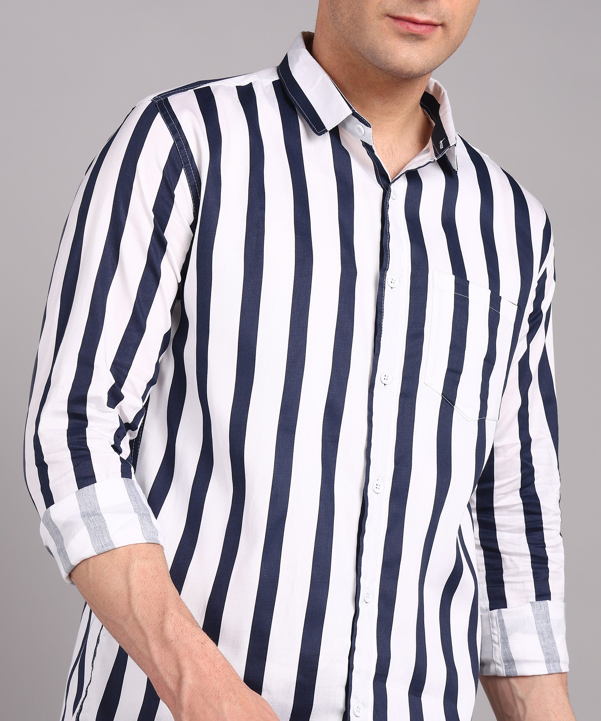 Sanganeri White & Navy Bold Striped Cotton Shirt