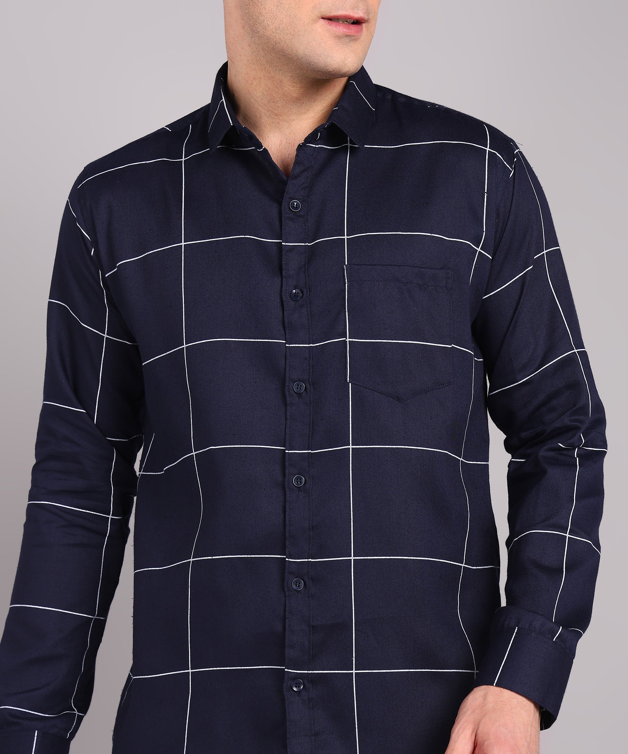 Navy Blue Windowpane Check Casual Shirt
