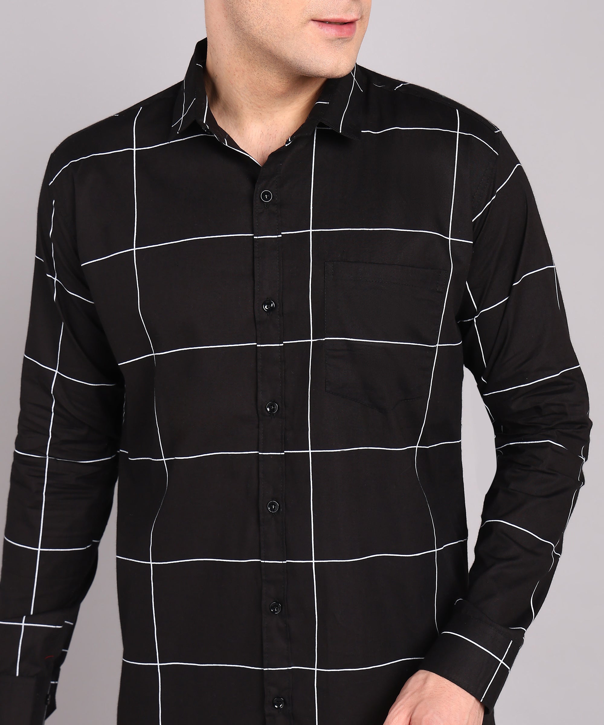 Black Windowpane Checks Slim Fit Casual Shirt