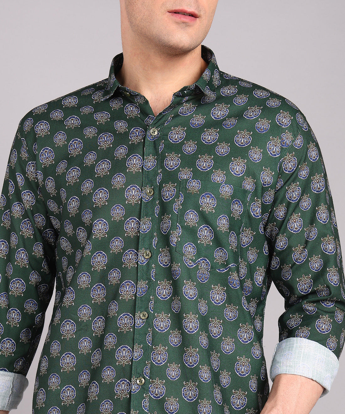Sanganeri Bottle Green Cotton Shirt