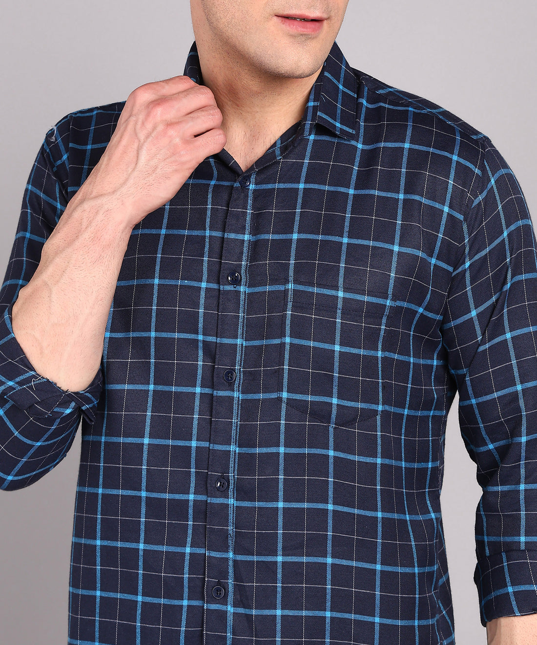 Sanganeri Navy & Cyan Grid Checked Cotton Shirt
