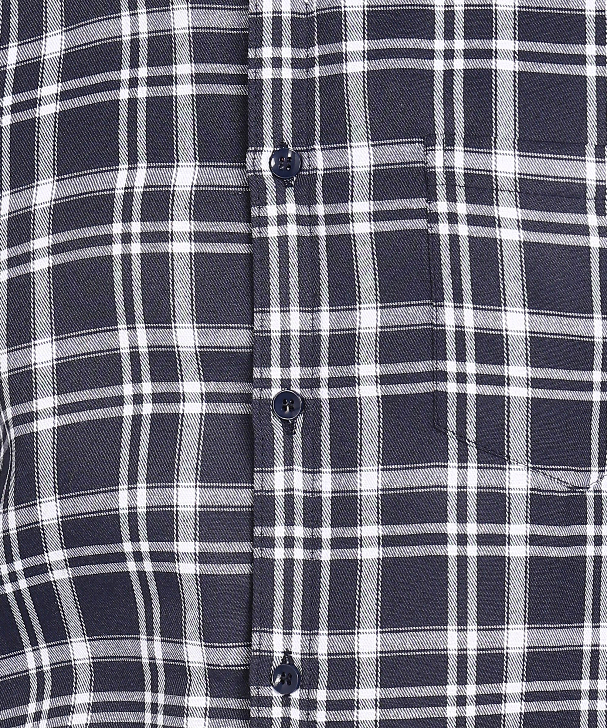 Sanganeri White & Navy Casual Checked Cotton Shirt
