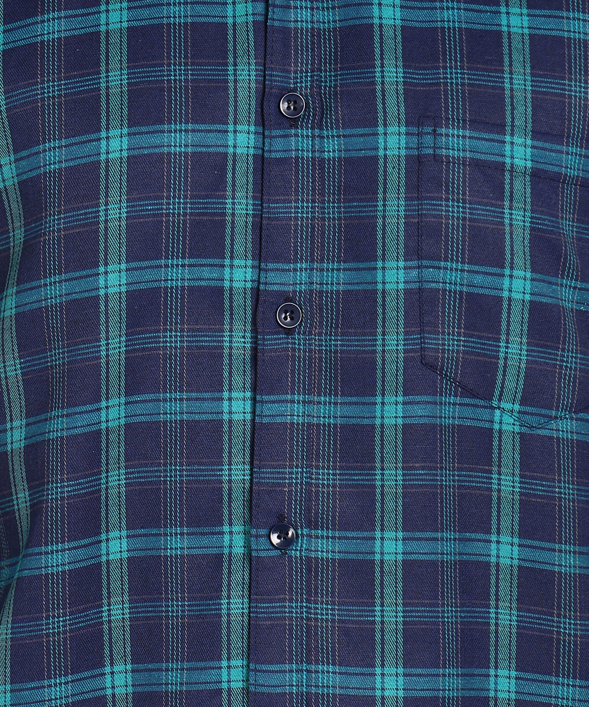 Sanganeri Navy & Teal Checked Cotton Shirt